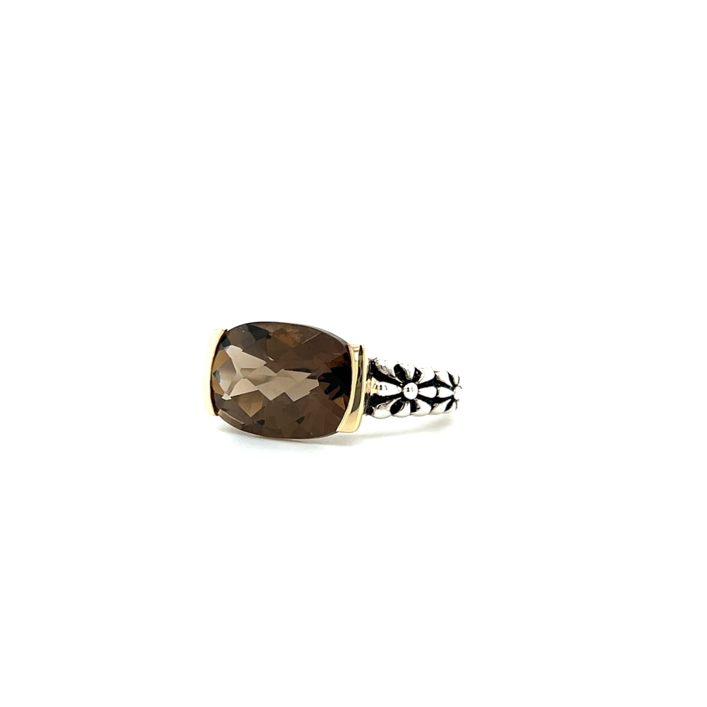 Cushion Smoky Quartz Ring with 14K Yellow Gold Accent in Sterling Silver