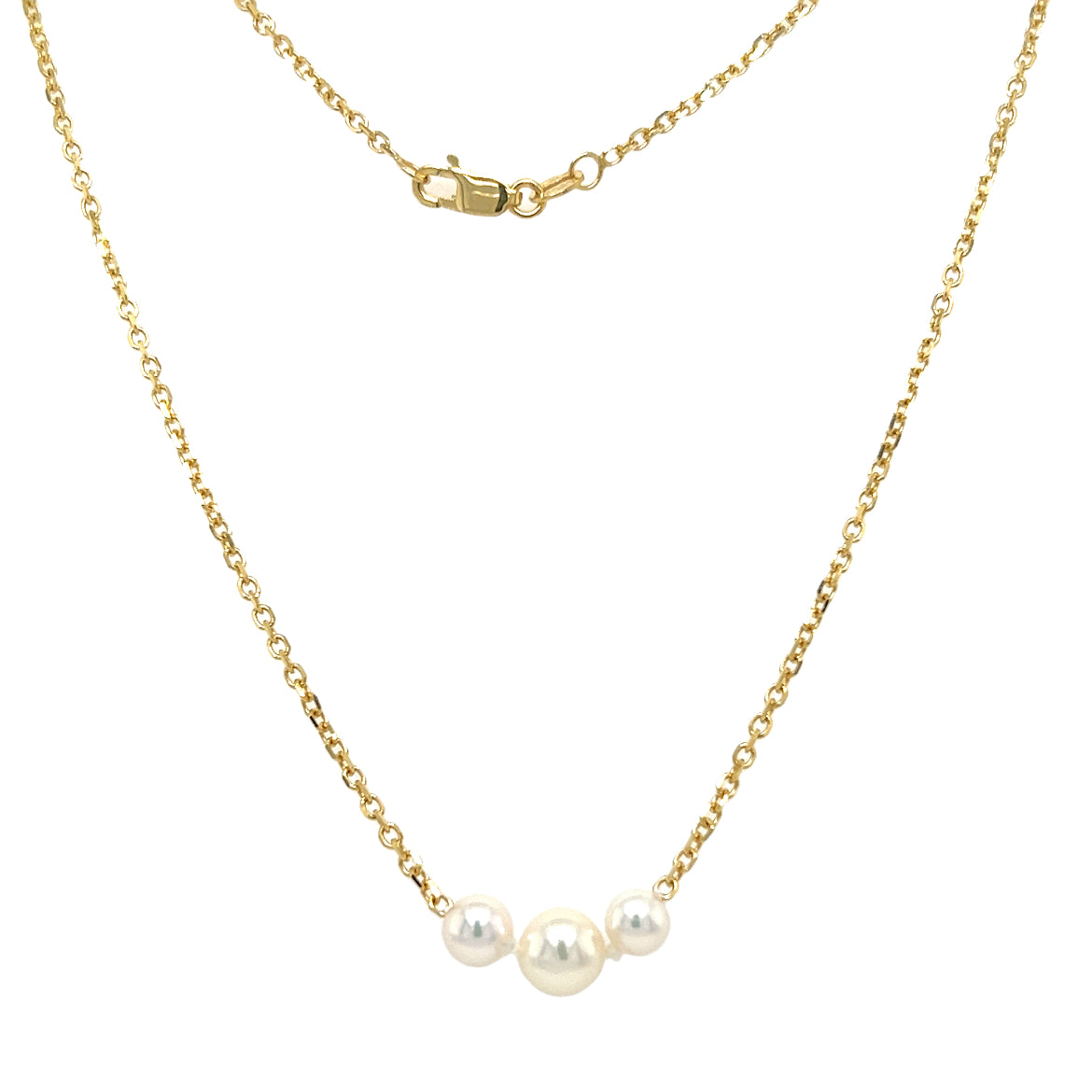 Add-a-Pearl Necklace with Three 5.5mm White Pearls in 14K Yellow Gold. Full Necklace Front View