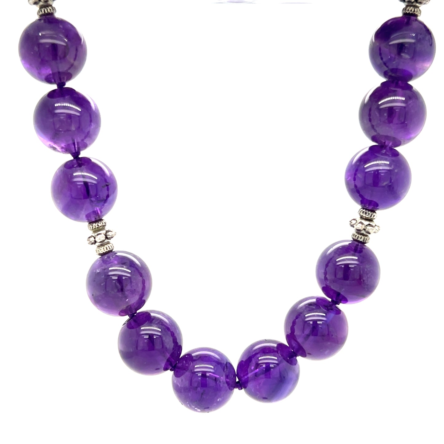 Amethyst Beaded Necklace with S-Hook Clasp in Sterling Silver. Front View.
