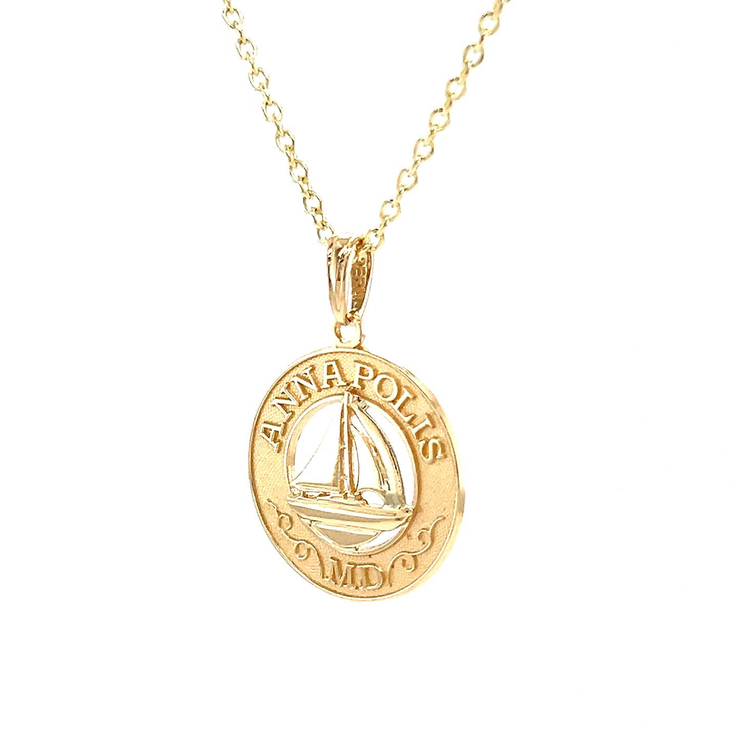 Annapolis Sailboat Pendant in 14K Yellow Gold. Pendant and Chain Right Side View.