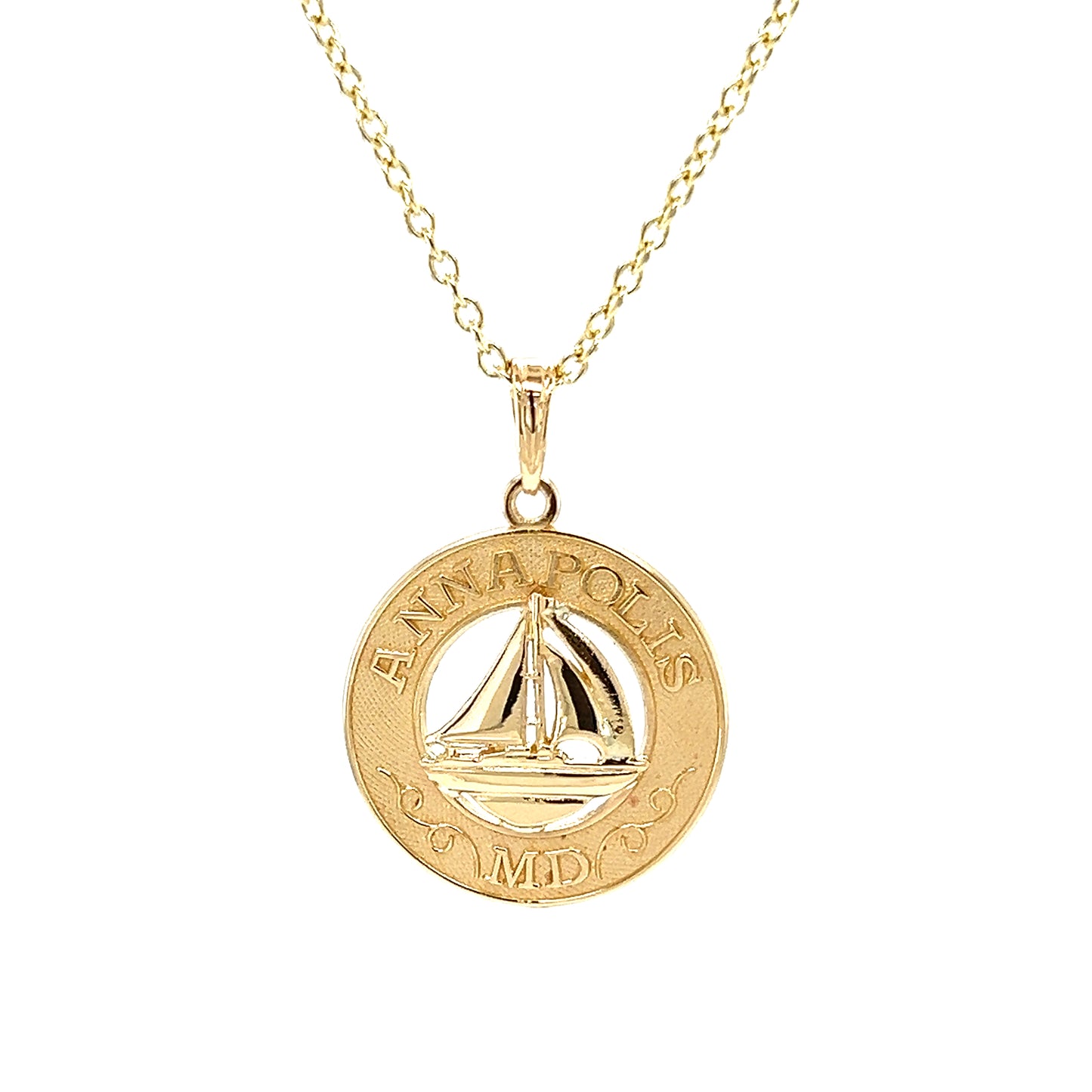 Annapolis Sailboat Pendant in 14K Yellow Gold Pendant and Chain Front View.