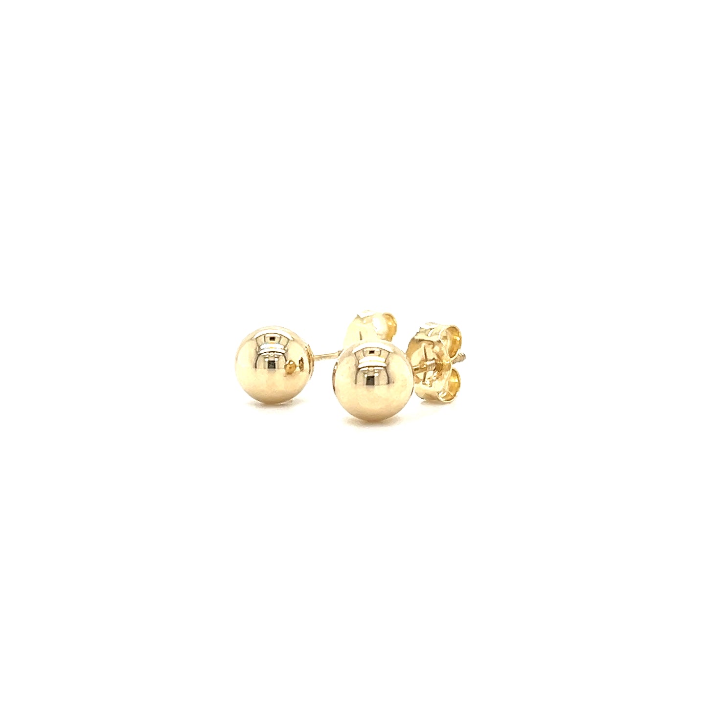 Ball 5mm Stud Earrings with Threaded Post and Screw-off Backs in 14K Yellow Gold. Right Side View.