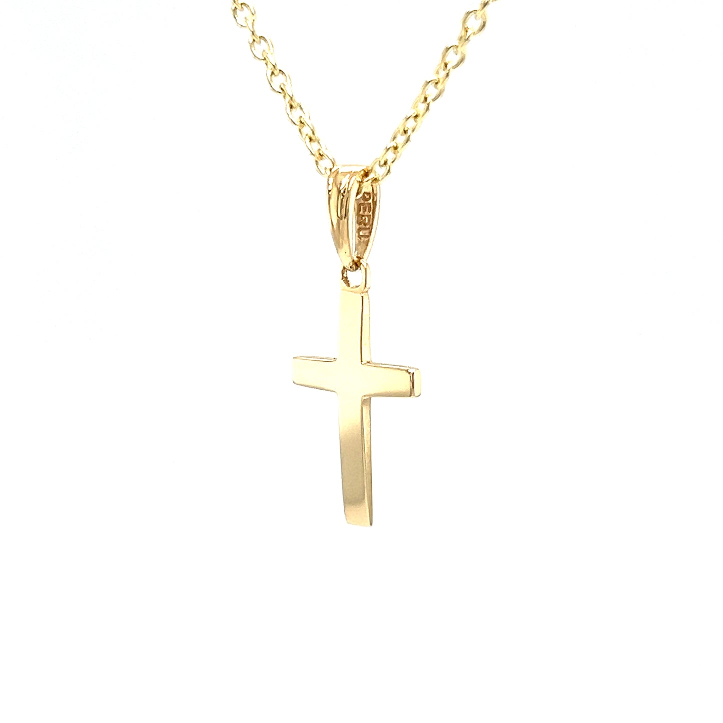 Beveled Cross Pendant in 14K Yellow Gold. Pendant and Chain Right Side View.