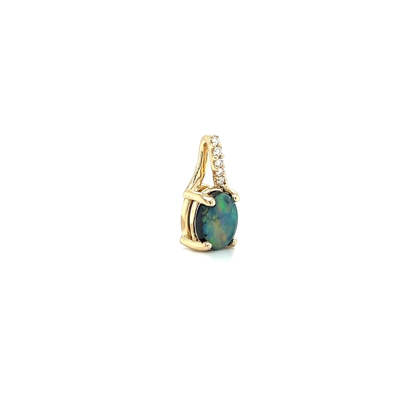 Black Opal Pendant with Diamond Accents in 14K Yellow Gold. Pendant Left View