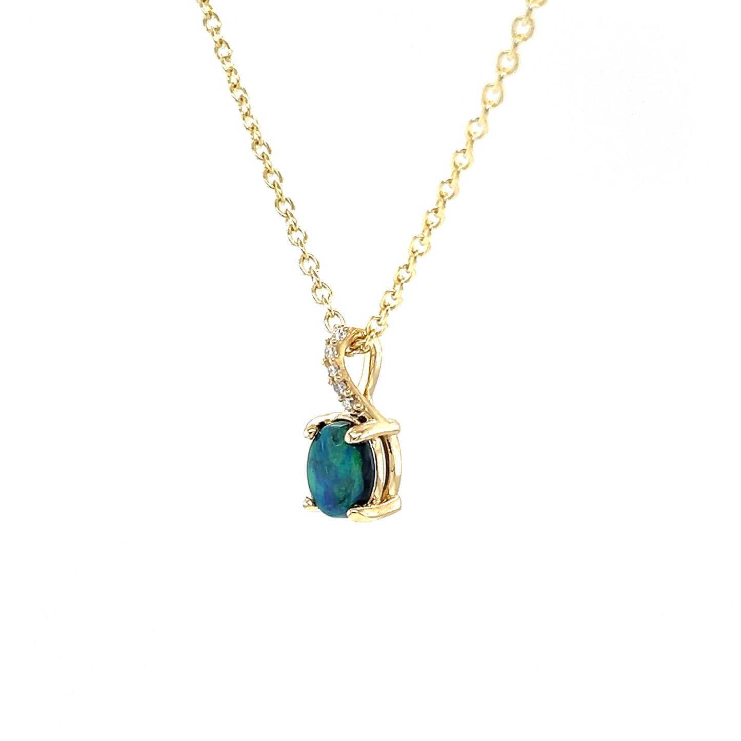 Black Opal Pendant with Diamond Accents in 14K Yellow Gold. Pendant and Chain Right Side View.