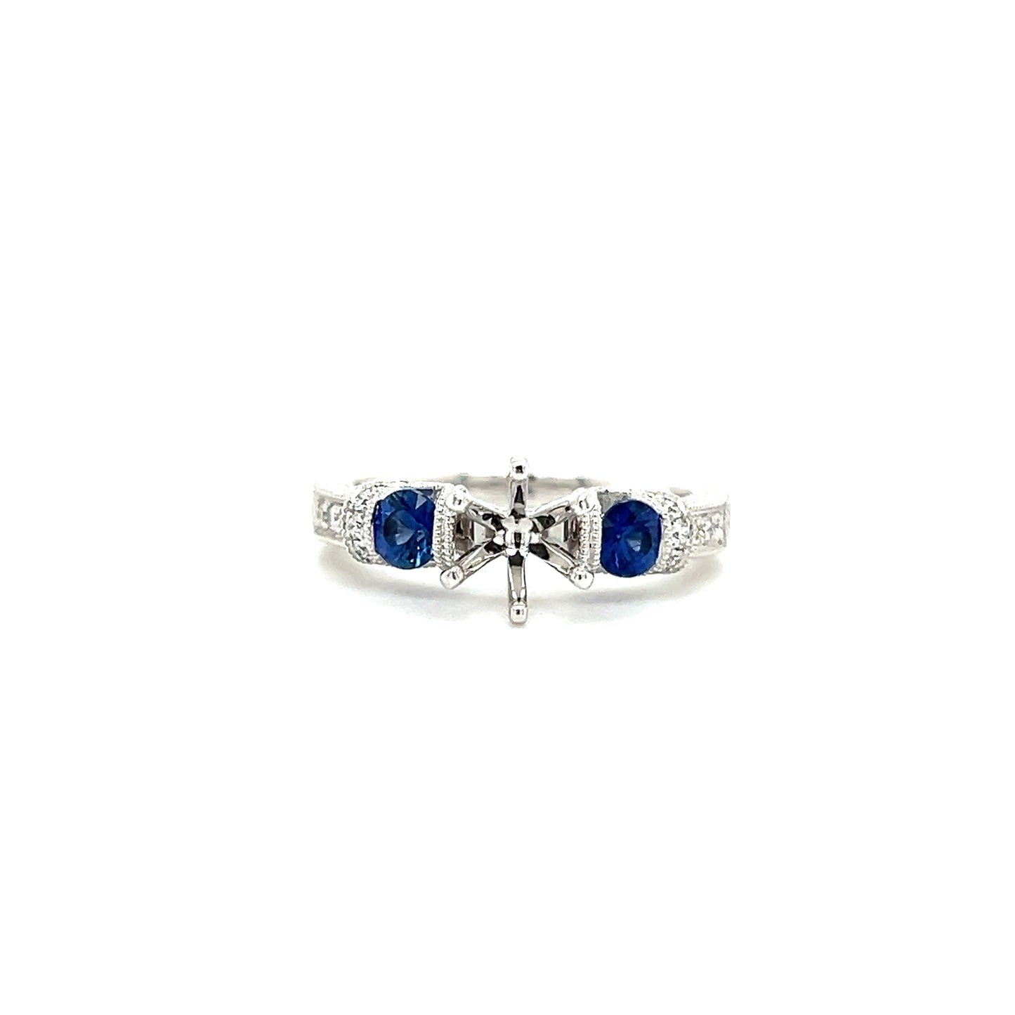 Blue Sapphire Three Stone Ring Setting with 0.15ctw of Diamonds in 14K White Gold Front View
