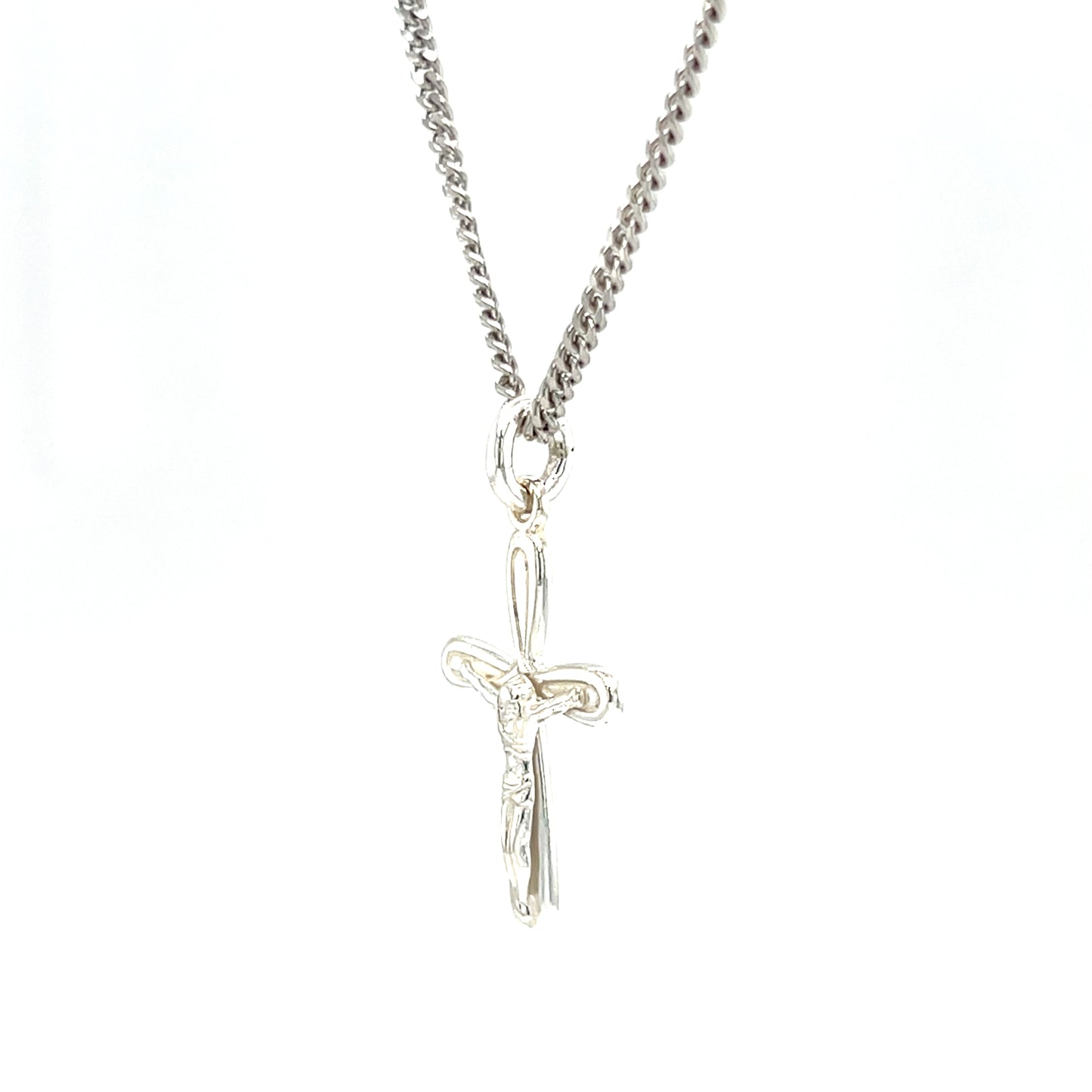 Crucifix Necklace with 2mm Curb Chain in Sterling Silver. Right Side View.