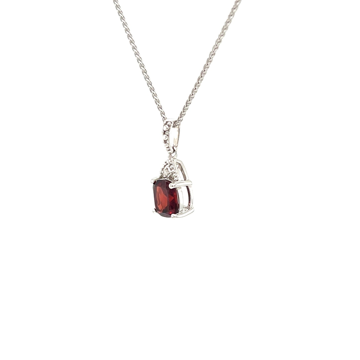 Cushion Garnet Pendant with Diamond Accent in Sterling Silver. Pendant and Chain Right Side View.