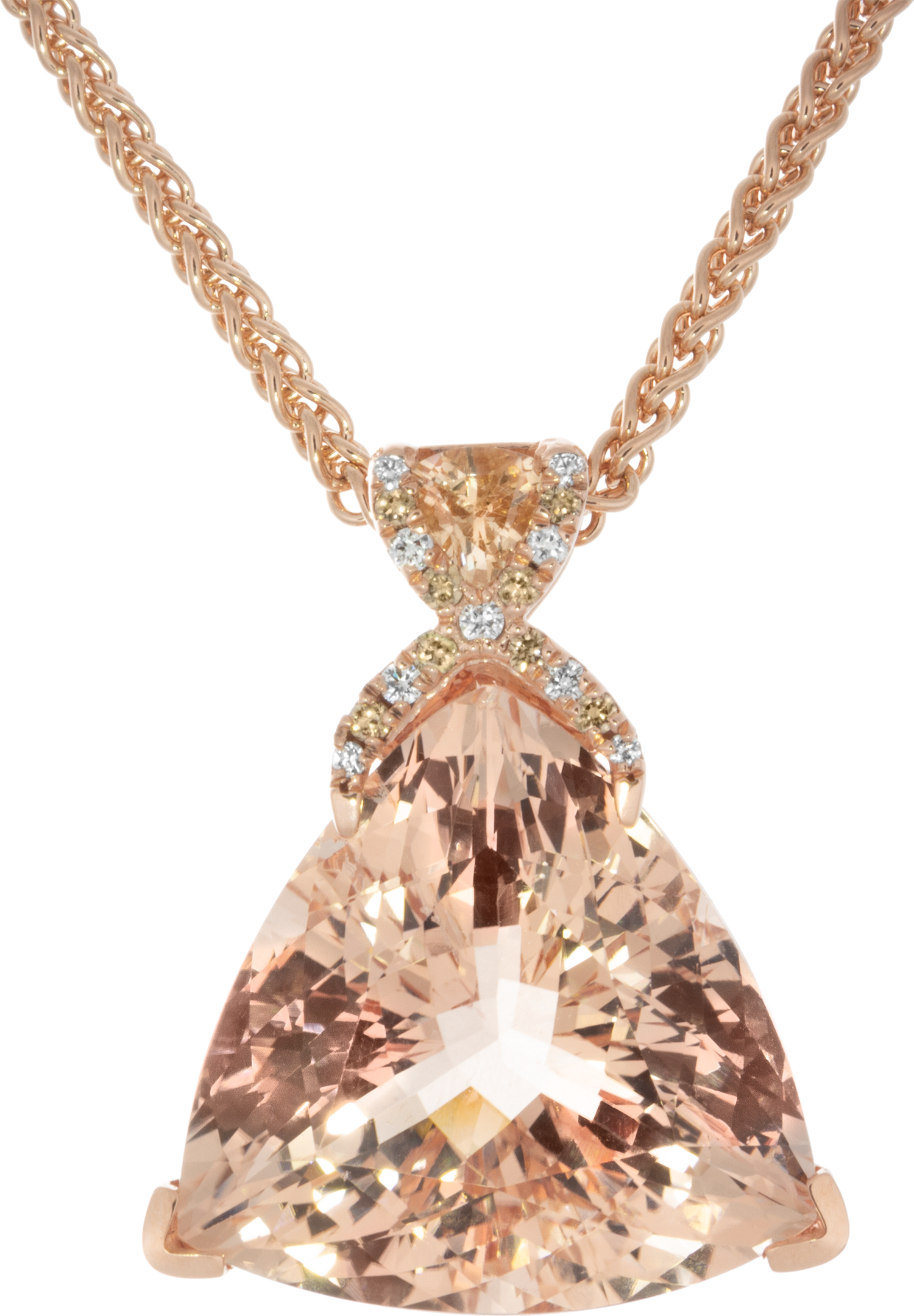 Trillian cut morganite pendant with cognac diamonds in rose gold. Custom design by Ron George.