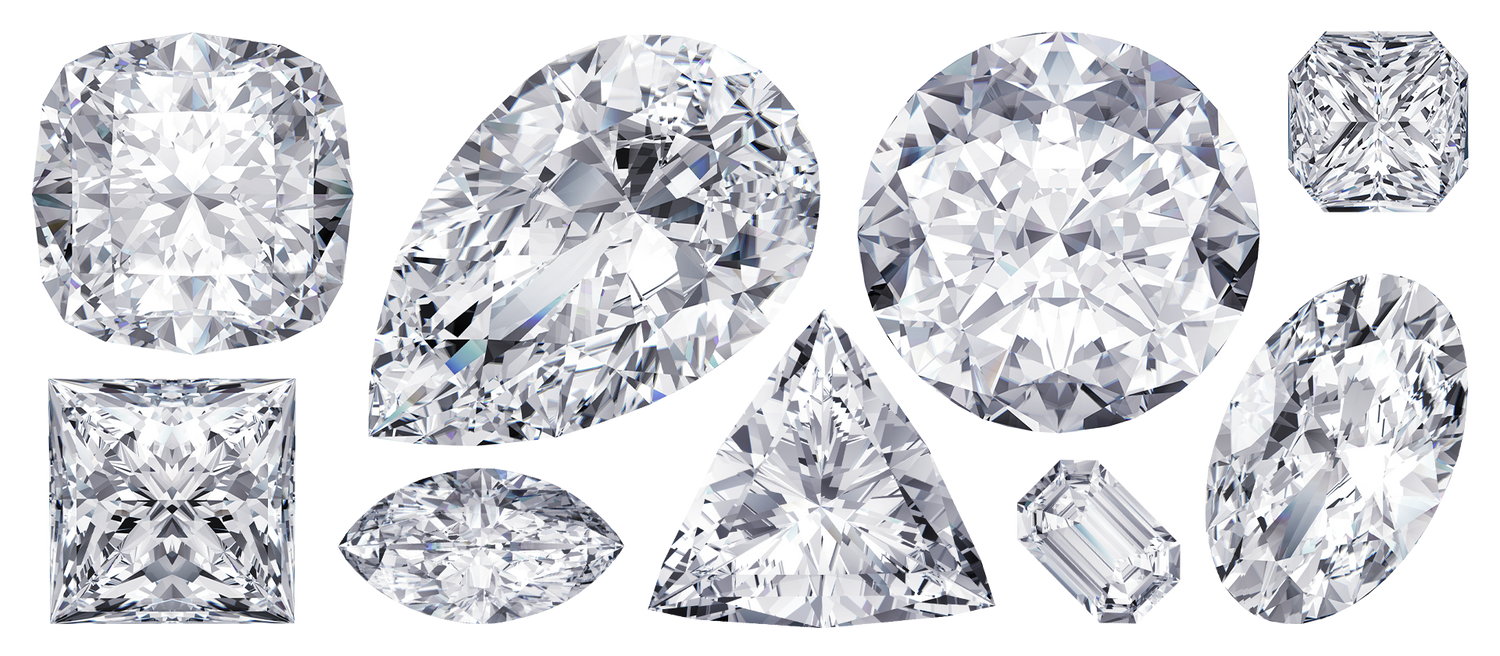Loose diamond shapes including round, cusion, pear, trillion, oval, marquise, cusion and asscher.