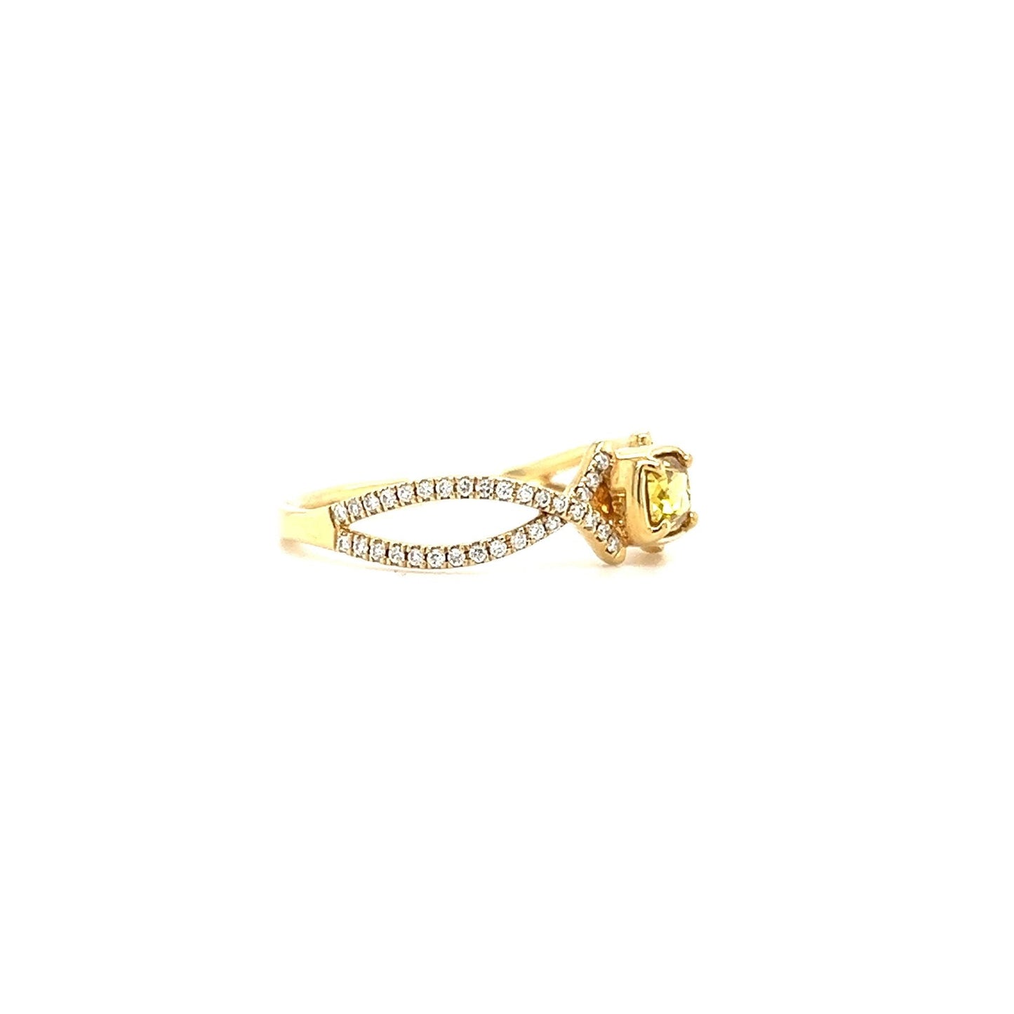 Fancy Yellow Diamond Ring with 0.16ctw of Side Diamonds in 14K Yellow Gold. Left Side View