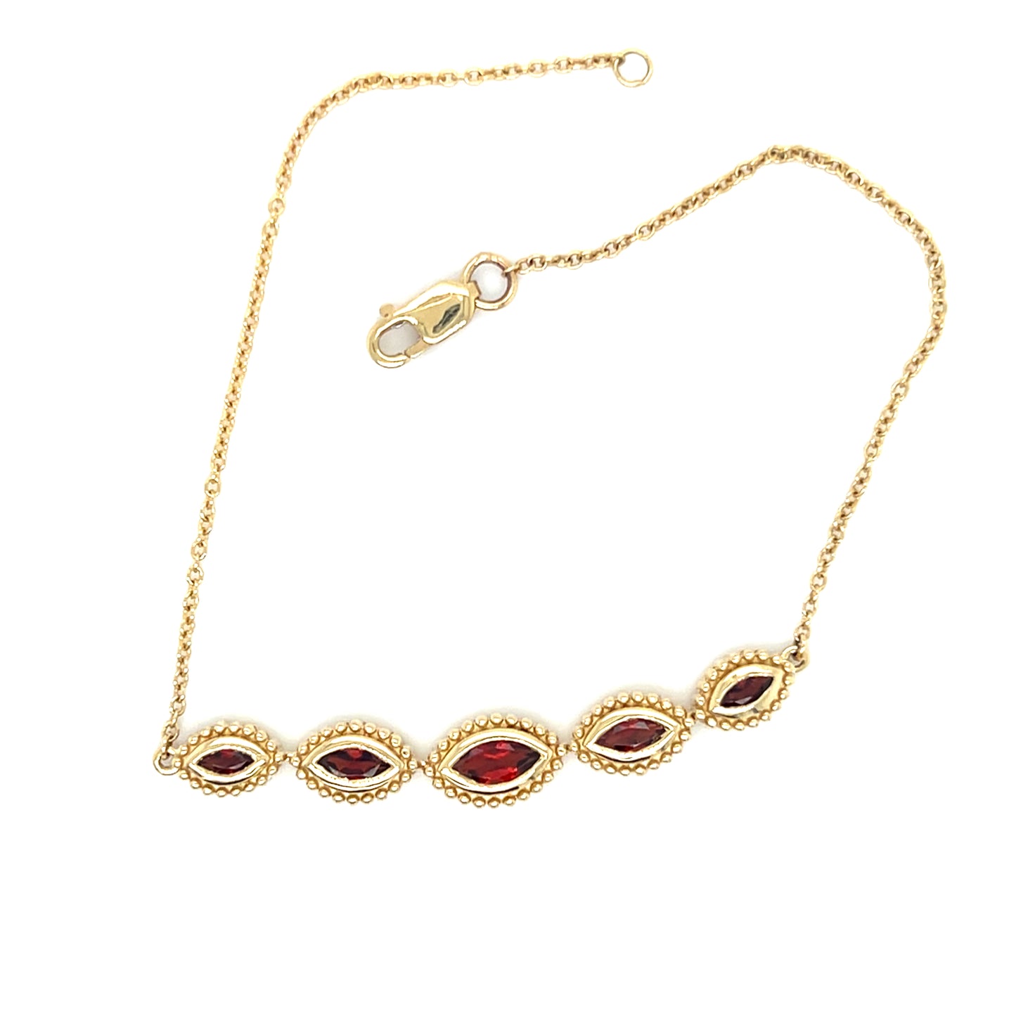 Five Stone Garnet Bracelet with 0.5ctw of Garnet in 14K Yellow Gold. Full Bracelet View