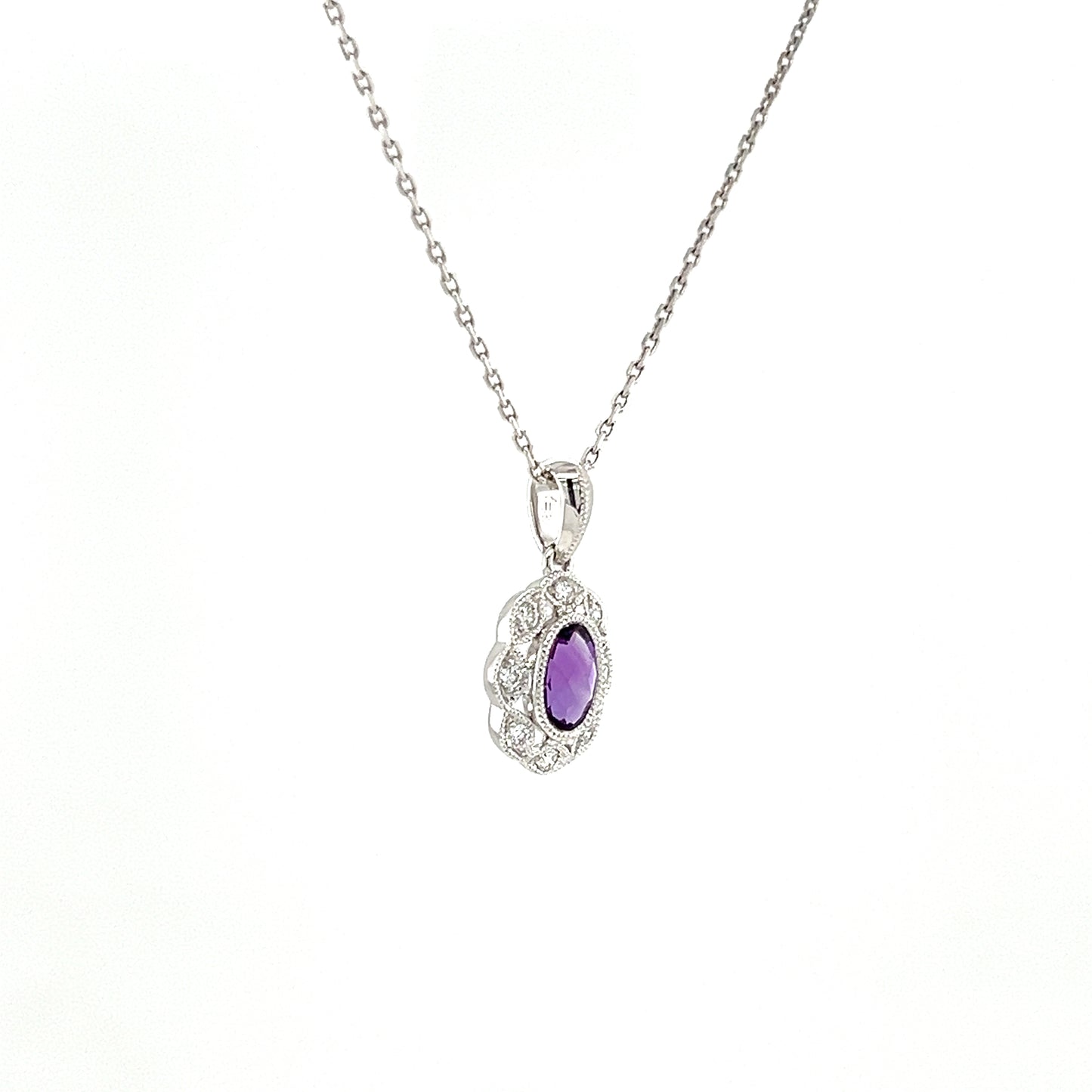 Oval Amethyst Pendant with Diamond Halo in 14K White Gold Left Side View