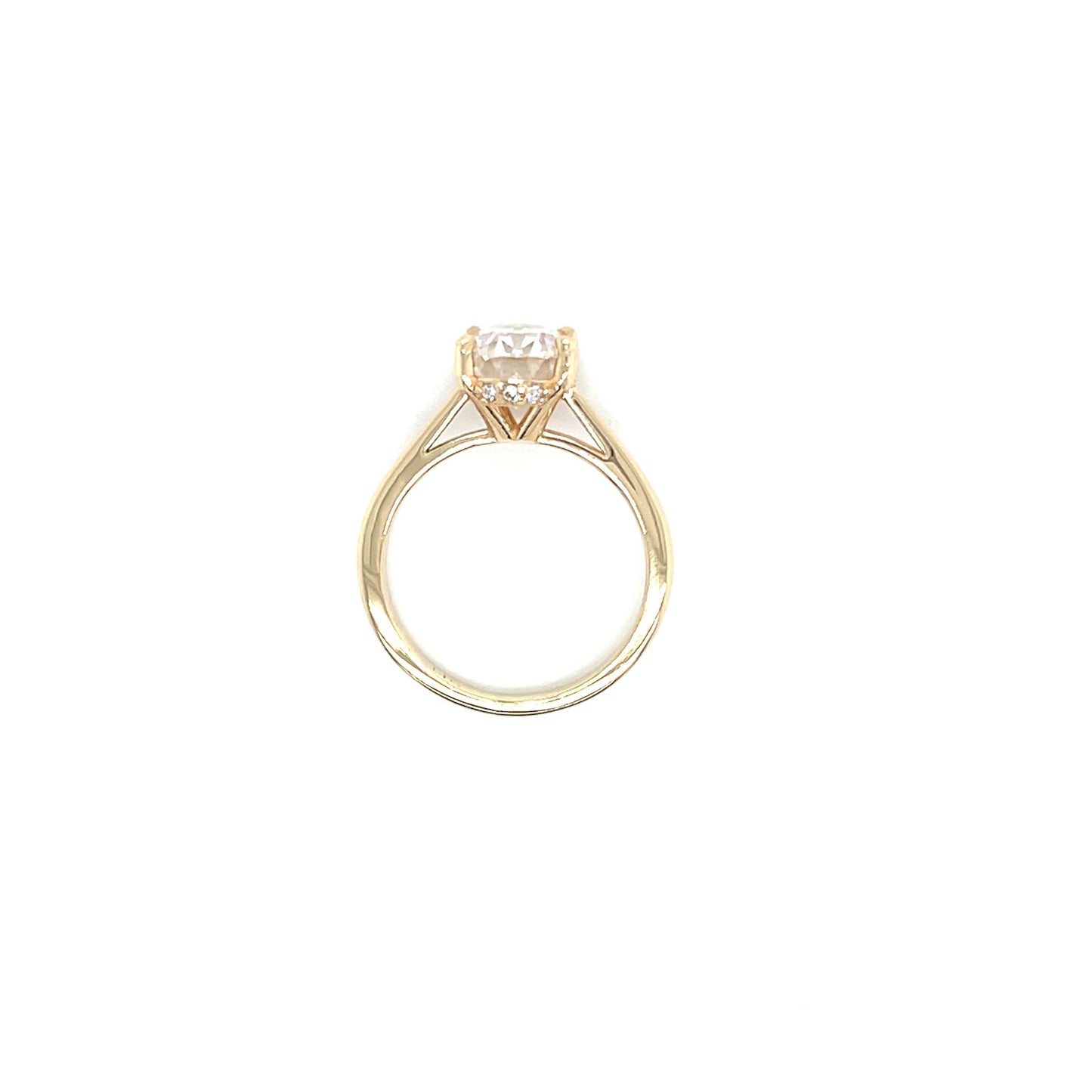 Oval Moissanite Ring with Hidden Halo in 14K Yellow Gold. Top View.