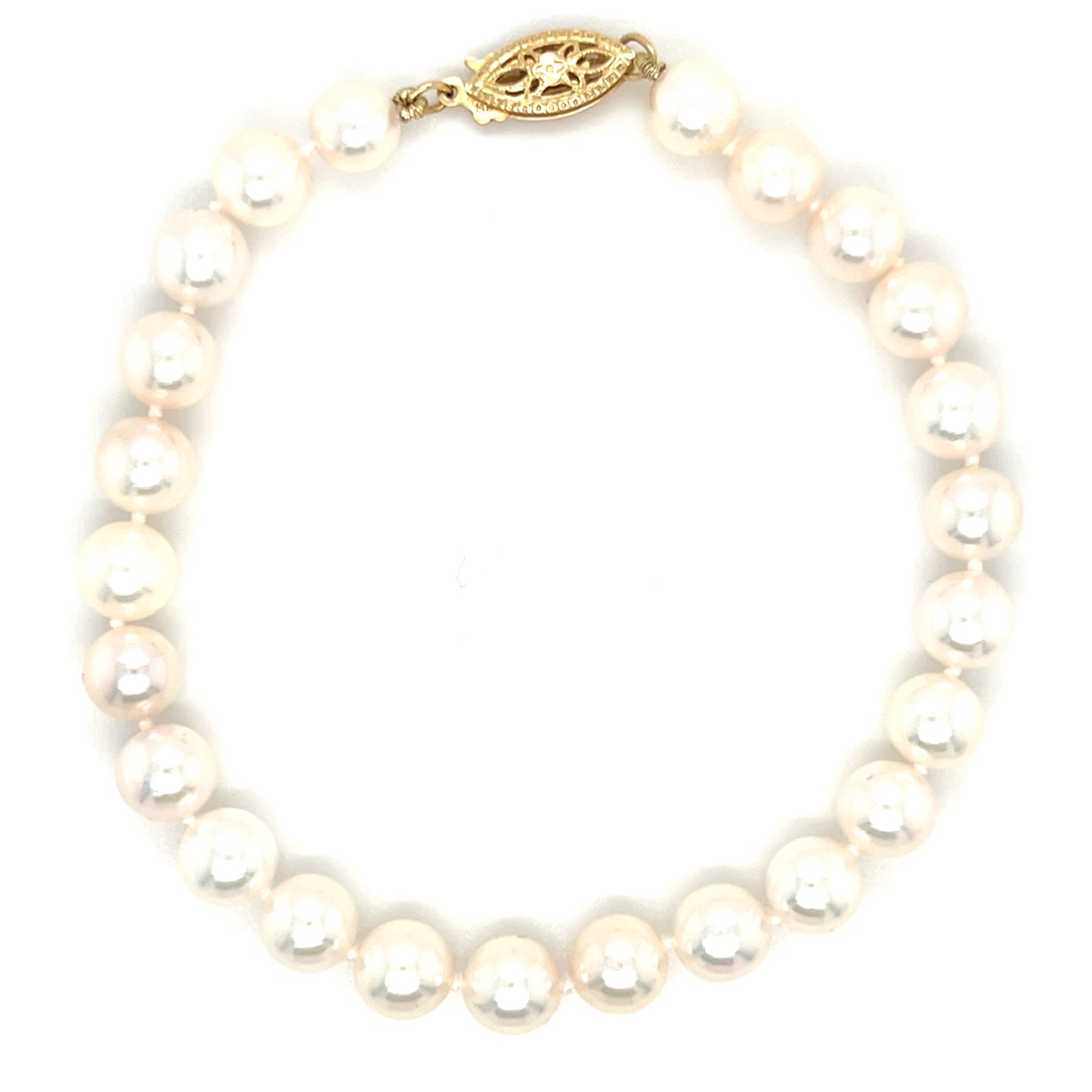 Pearl Bracelet with Twenty-Four 6mm White Pearls in 14K Yellow Gold.
