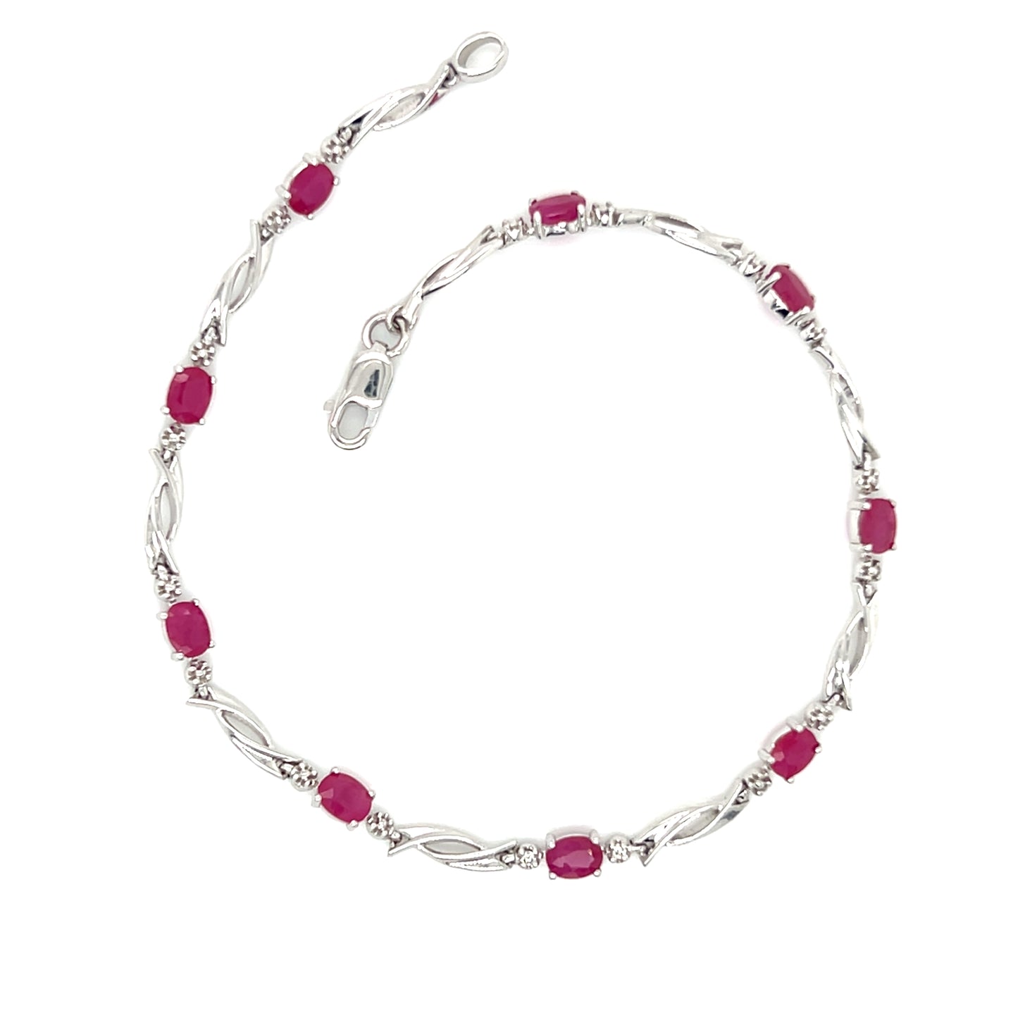 Ruby Bracelet with Diamond Accent in 10K White Gold. Top View.
