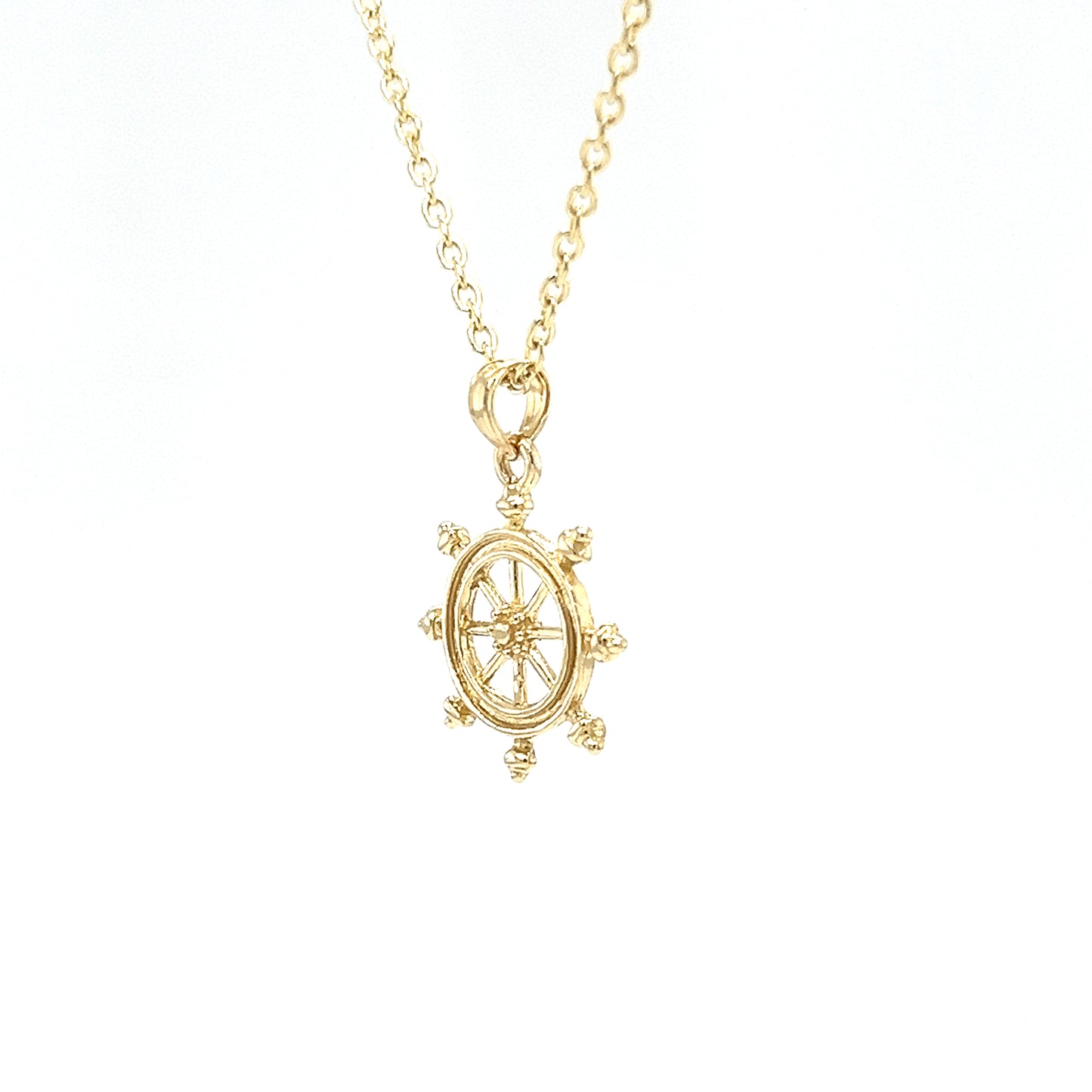Ship Wheel Pendant with 2D Details in 14K Yellow Gold. Pendant and Chain Right Side View.