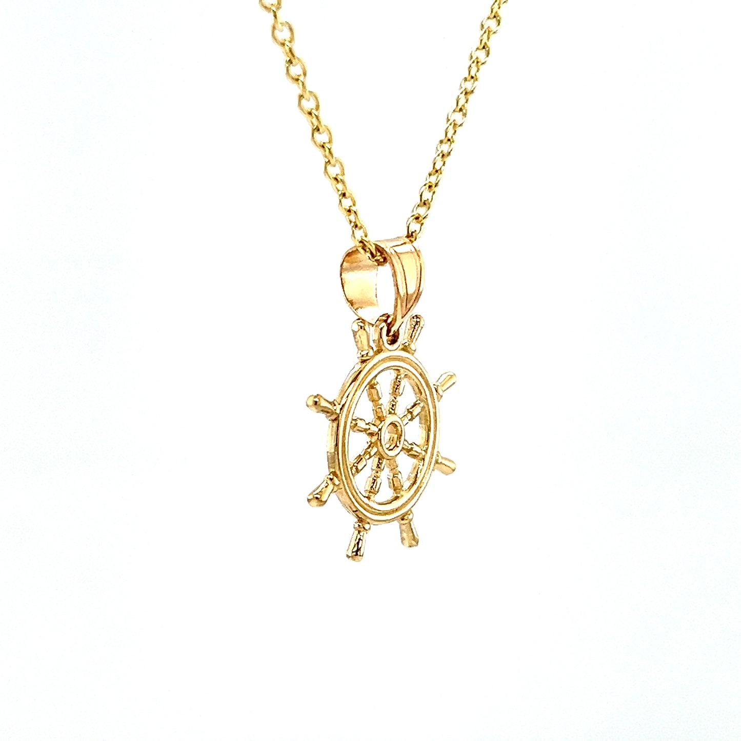 Ship Wheel Pendant with 3D Details in 14K Yellow Gold. Pendant and Chain Right Side View.