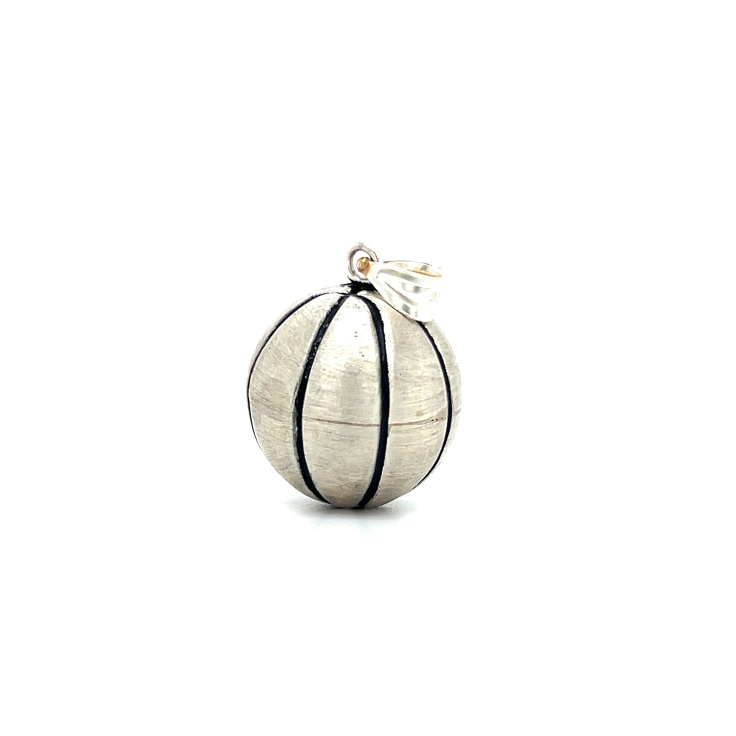 Solid Basketball Pendant with 3D Details in Sterling Silver. Front View