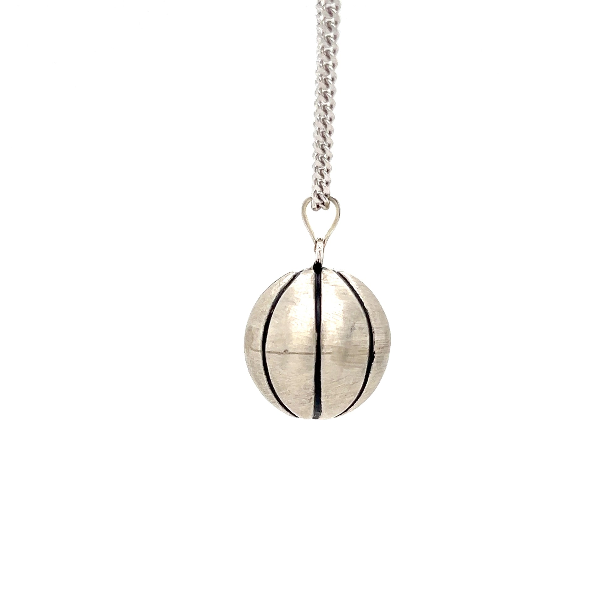 Solid Basketball Pendant with 3D Details in Sterling Silver. Pendant and Chain Side View.