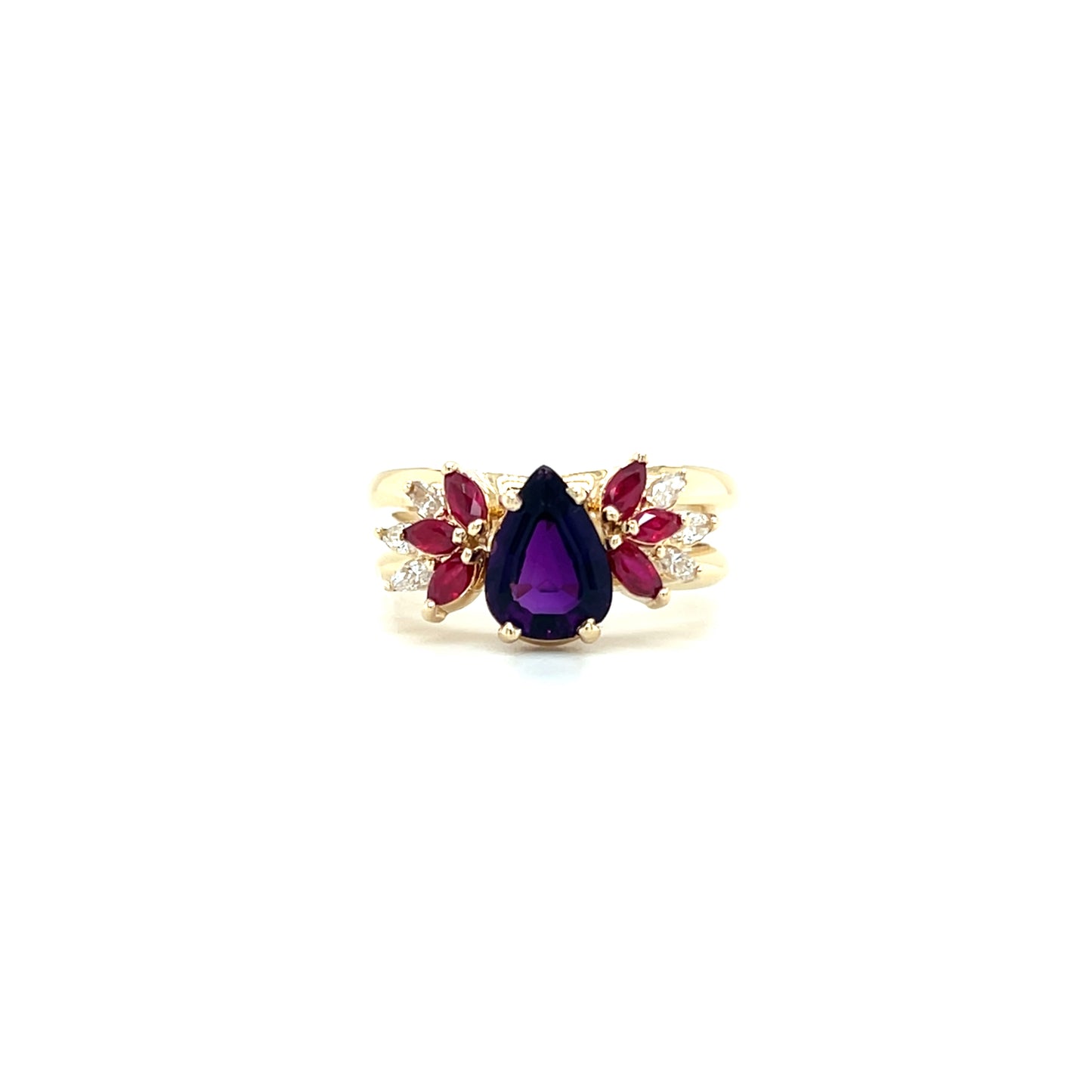 Split Shank Amethyst Ring with Rubies and Diamonds in 14K Yellow Gold. Front View