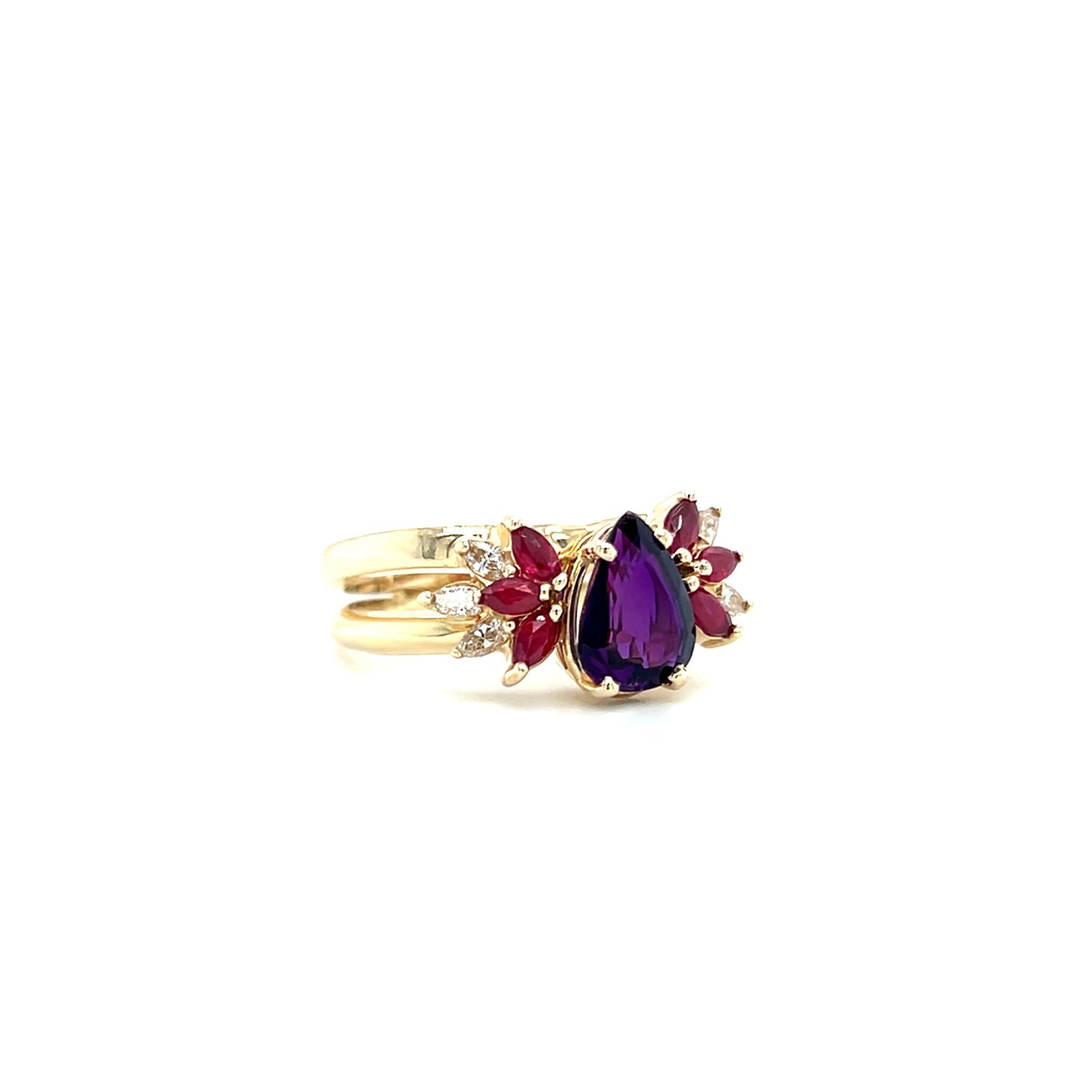 Split Shank Amethyst Ring with Rubies and Diamonds in 14K Yellow Gold. Left Side View.