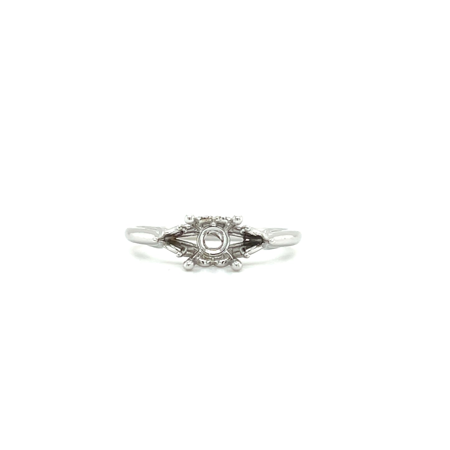 Three Stone Ring Setting with Swirly Details in 14K White Gold. Front View.