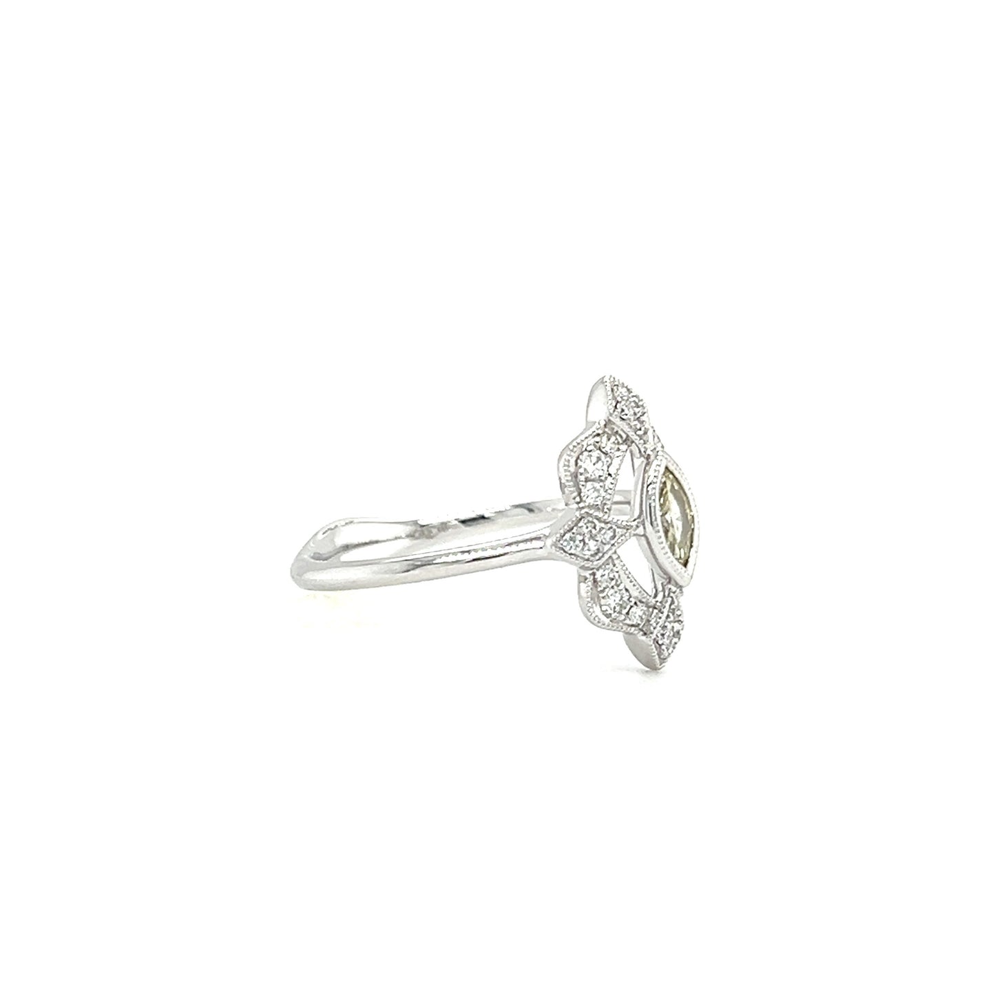 Yellow Marquise Diamond Ring with Detached Halo in 14K White Gold. Left Profile.