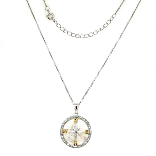 Mother of Pearl Compass Necklace with White Crystals in Sterling Silver
