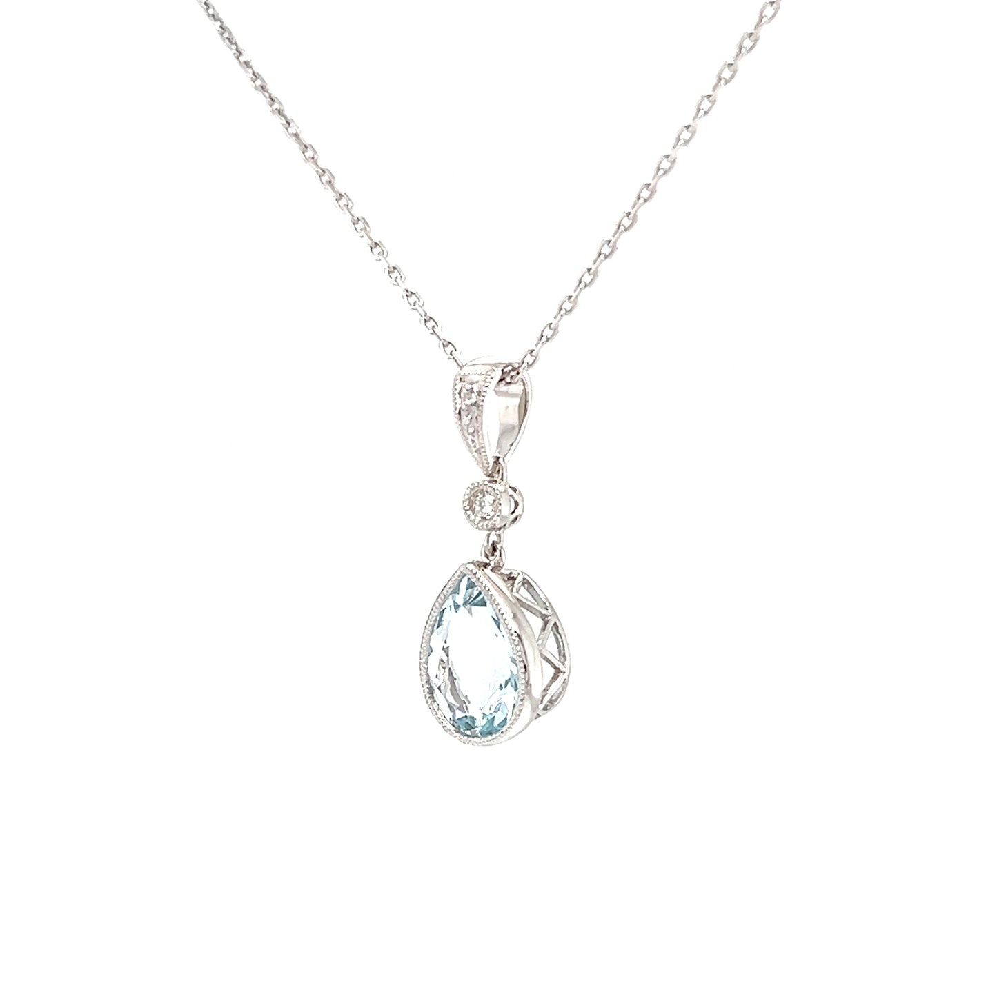 Pear Aquamarine Pendant with Filigree and Milgrain Details in 14K White Gold Right Side View