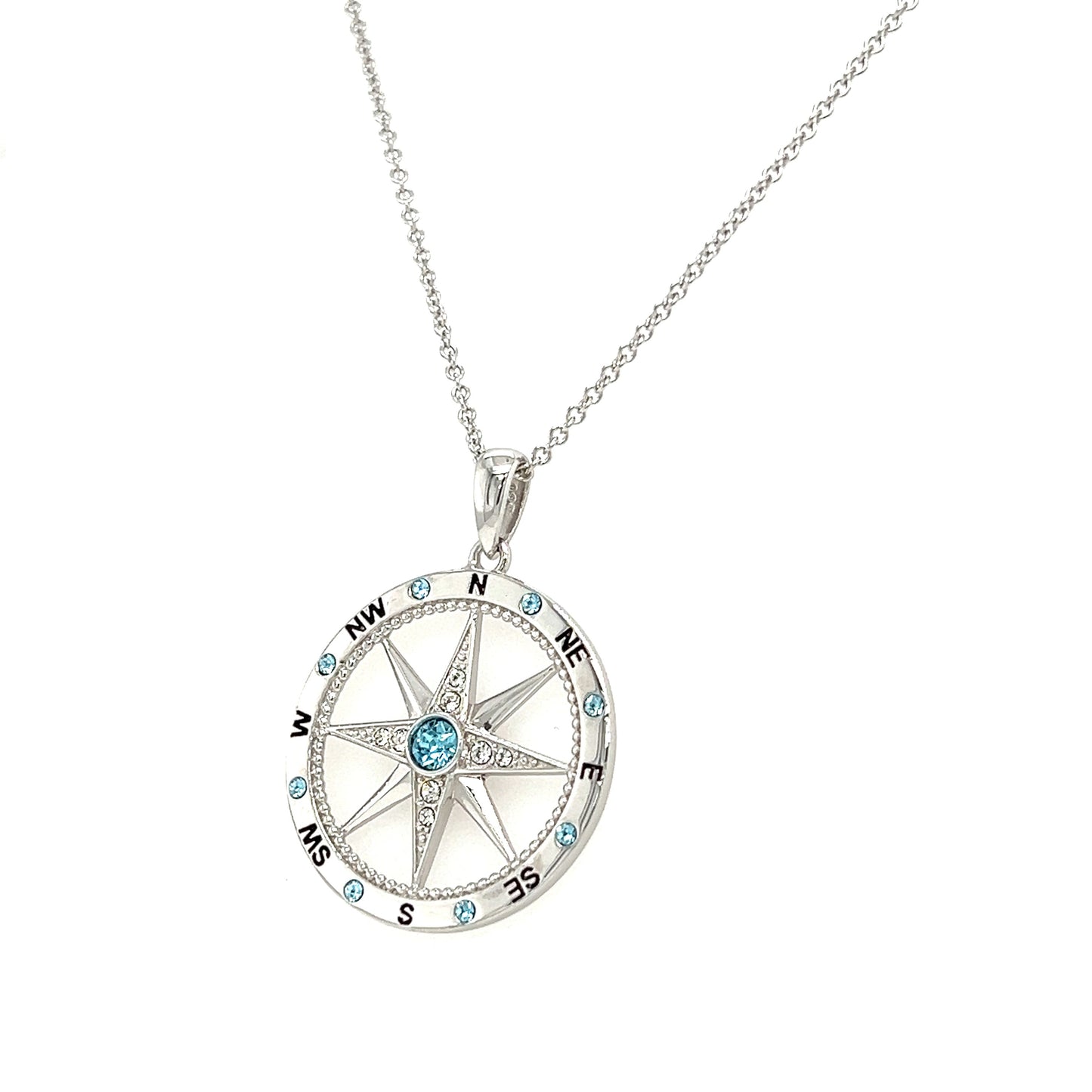 Milgrain Compass Necklace with Aquamarine and White Crystals in Sterling Silver Right Side View