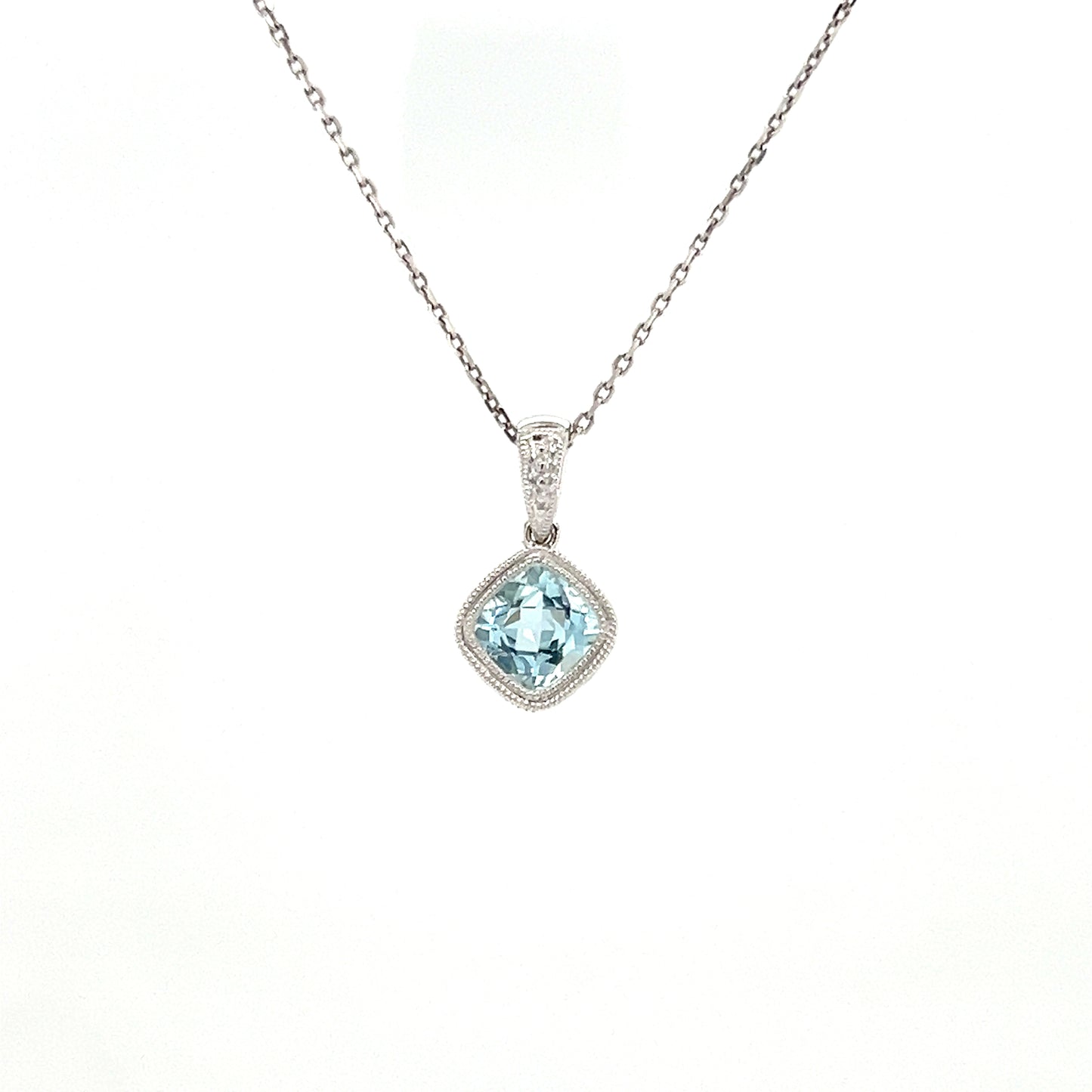 Cushion Aquamarine Pendant with Filigree and Milgrain Details in 14K White Gold Front View