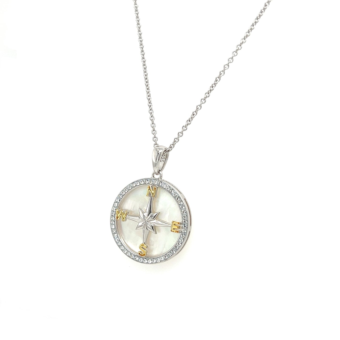Mother of Pearl Compass Necklace with White Crystals in Sterling Silver