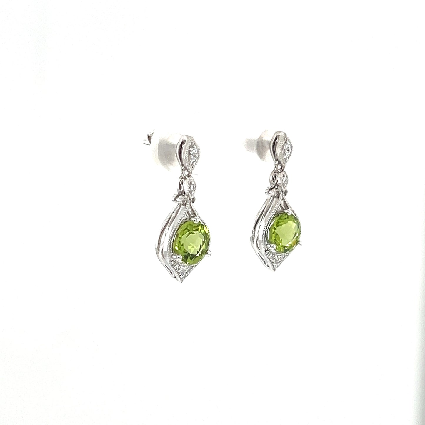 Round Peridot Drop Earrings with Twenty Diamonds in 14K White Gold