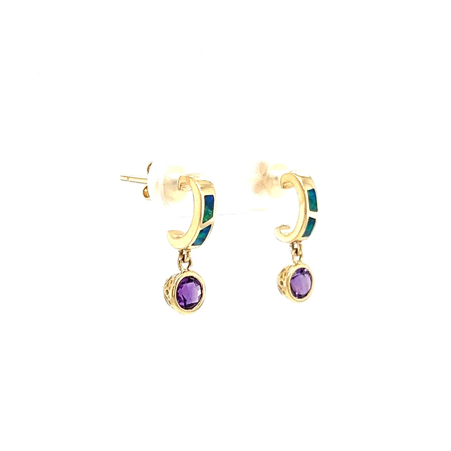 Black Opal C-Hoop Earrings with 0.5ctw of Amethyst in 14K Yellow Gold Left Side View