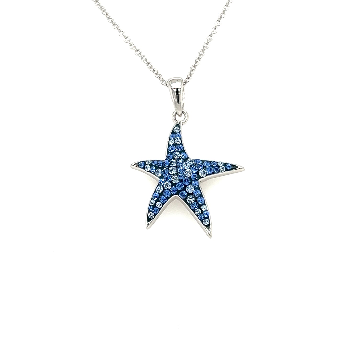 Blue Starfish Necklace with Blue and White Crystals in Sterling Silver Pendant Front View