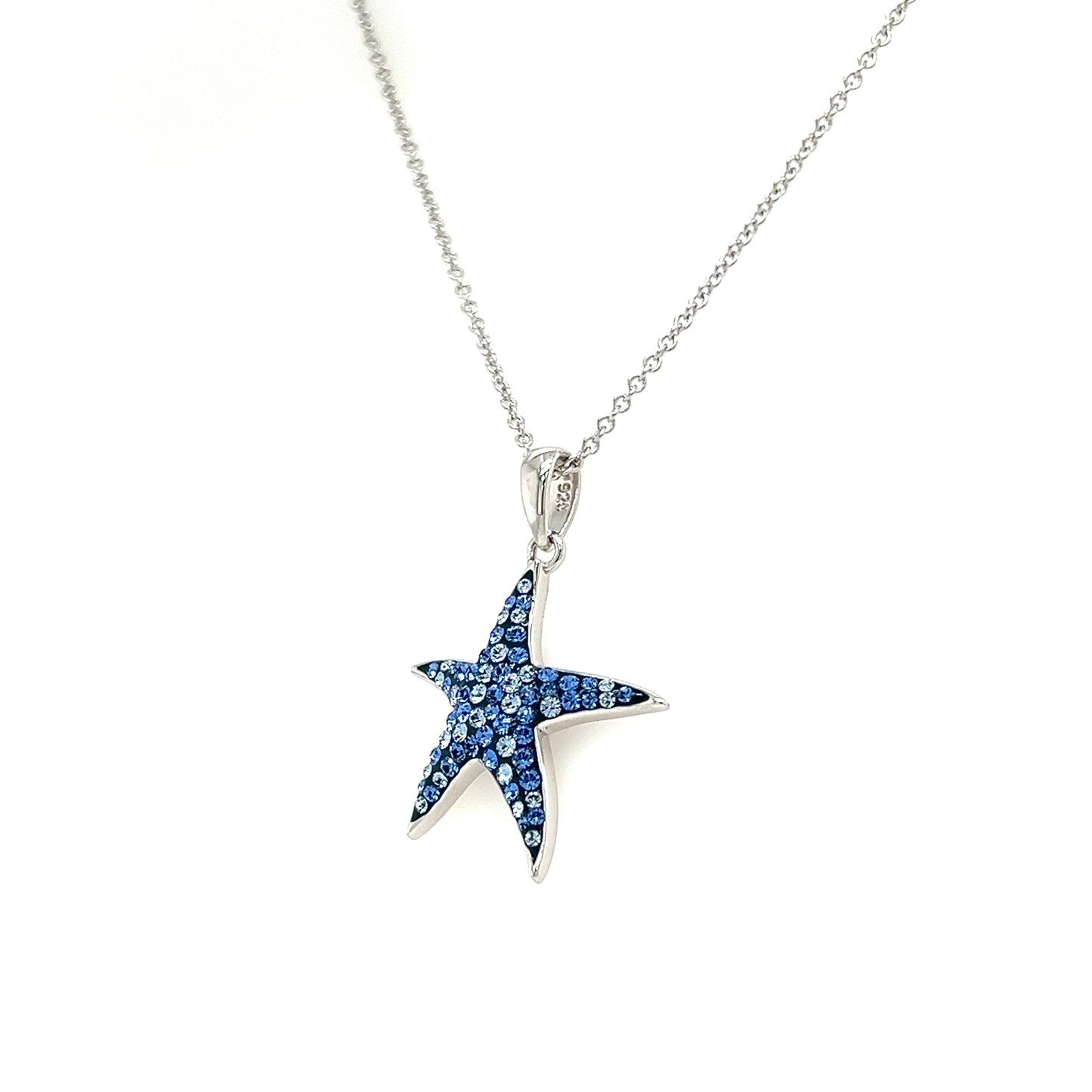 Blue Starfish Necklace with Blue and White Crystals in Sterling Silver Right Side View