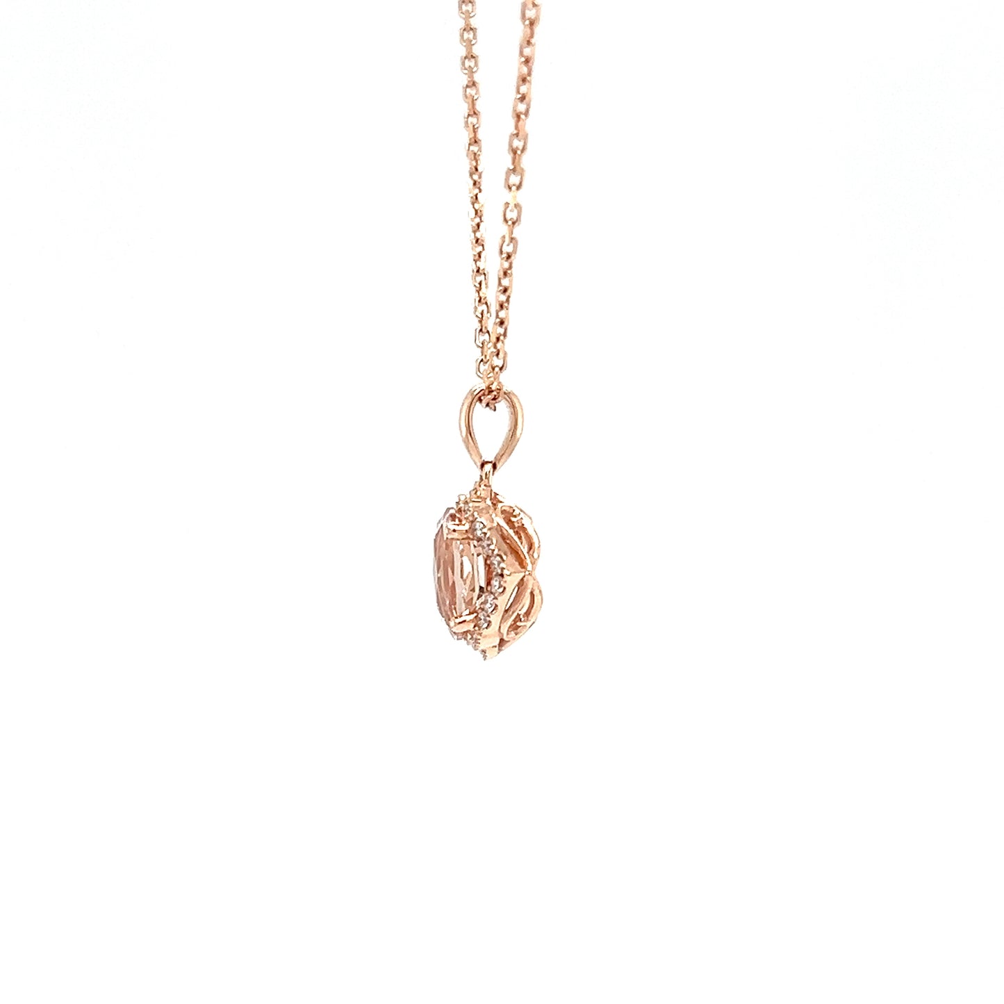Oval Morganite Pendant with Eighteen Diamonds in 14K Rose Gold Right Profile