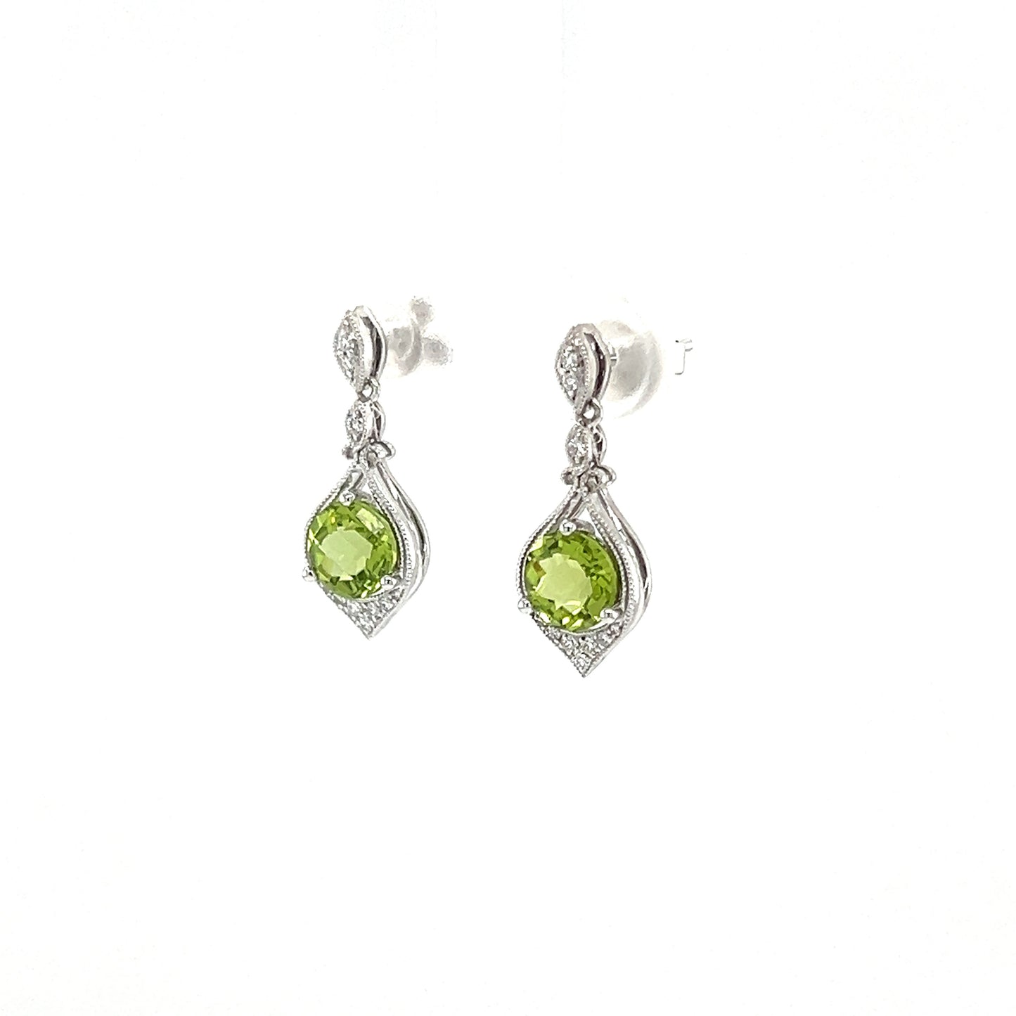 Round Peridot Drop Earrings with Twenty Diamonds in 14K White Gold