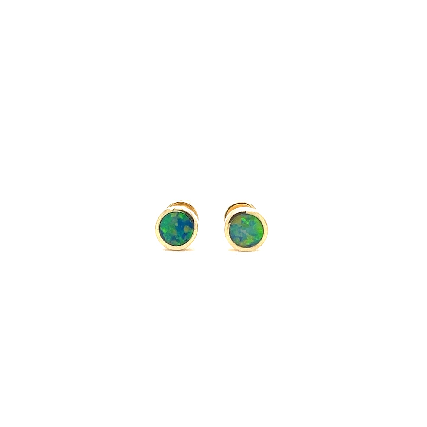 Black Opal Stud Earrings in 14K Yellow Gold Front View