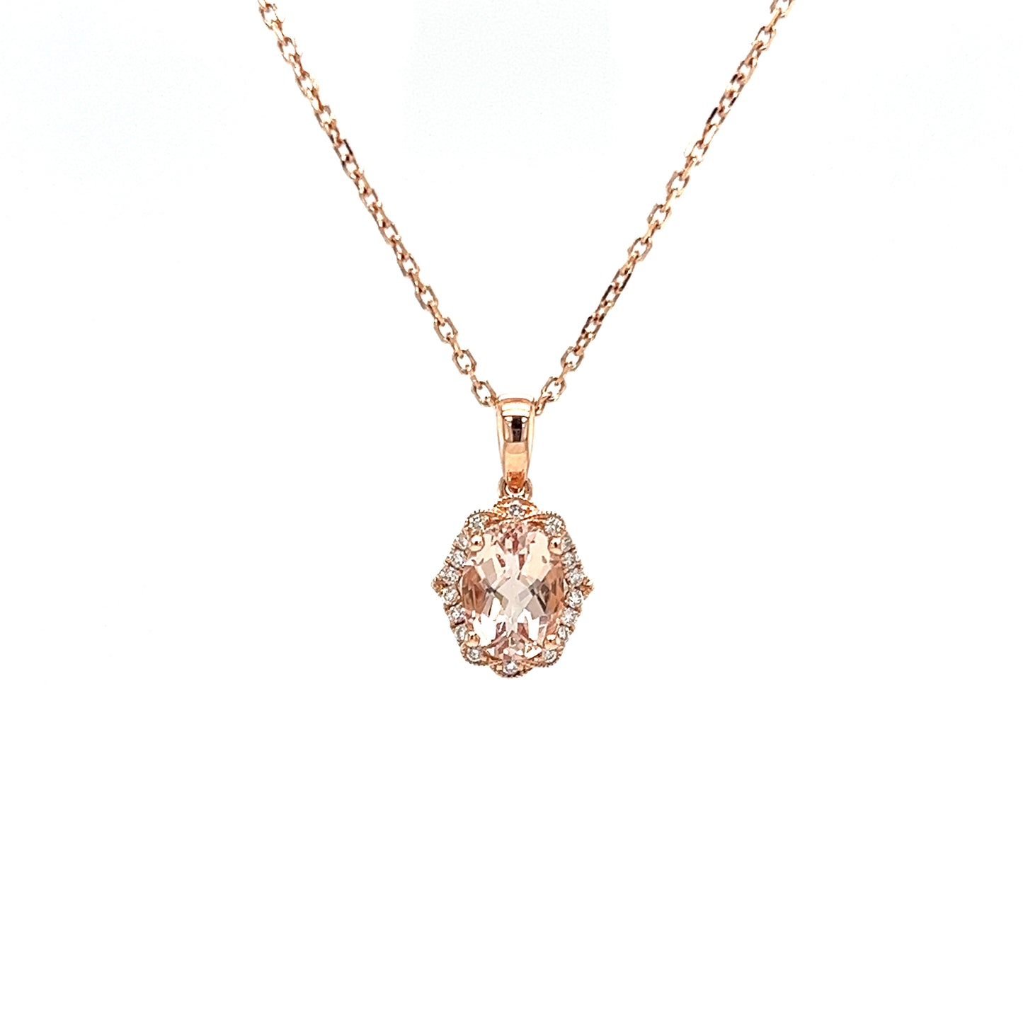 Oval Morganite Pendant with Eighteen Diamonds in 14K Rose Gold Front View