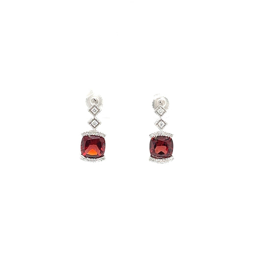 Cushion Garnet Post Earrings with Accent Diamonds in 14K White Gold Front View
