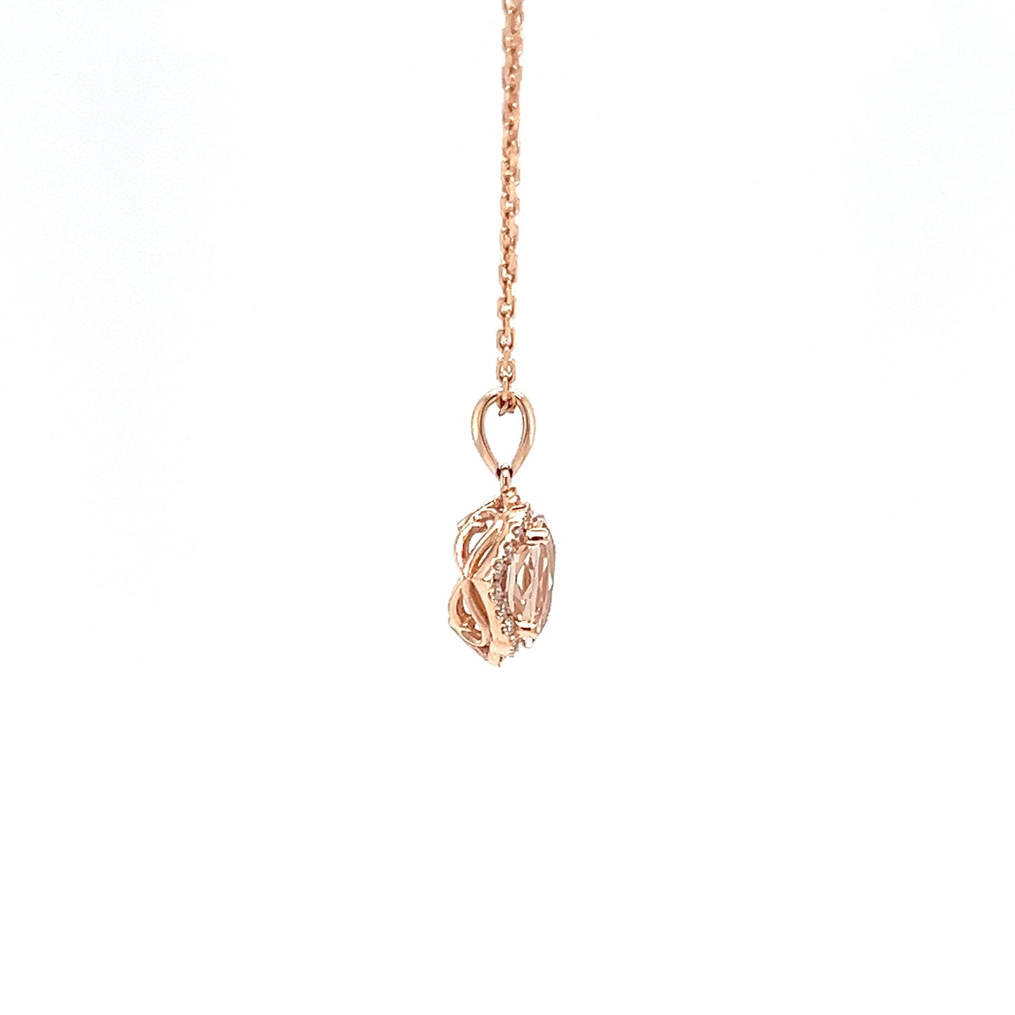 Oval Morganite Pendant with Eighteen Diamonds in 14K Rose Gold Left Profile