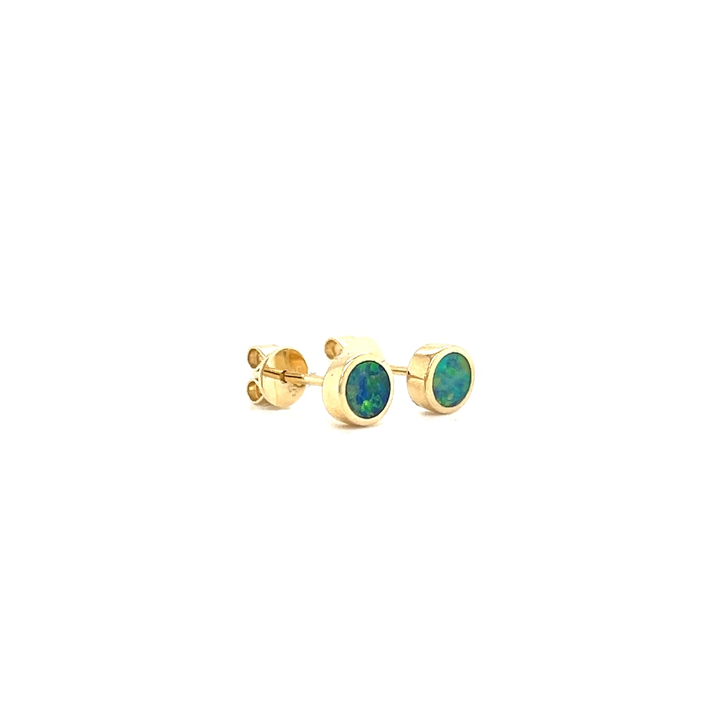 Black Opal Stud Earrings in 14K Yellow Gold Left Side View
