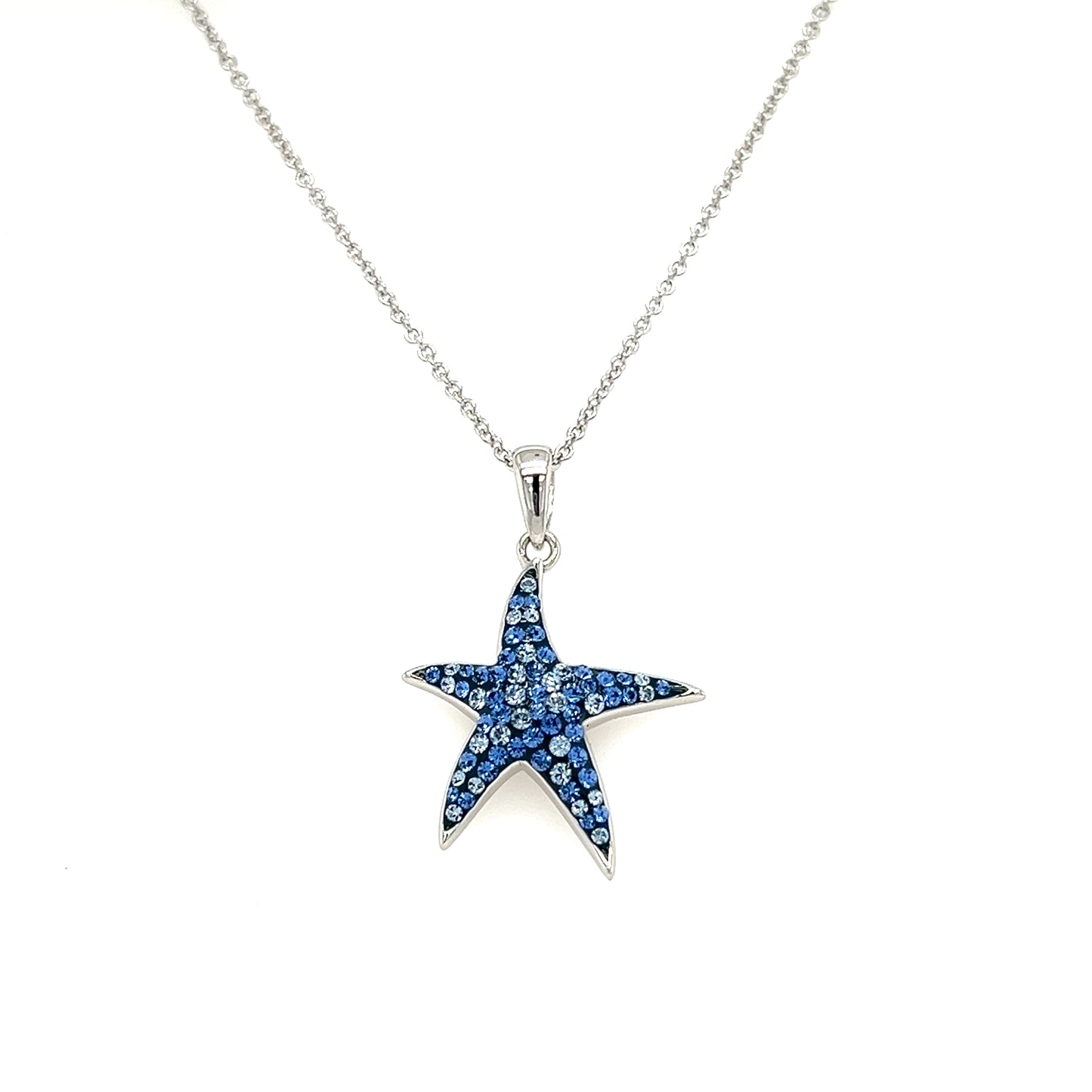 Blue Starfish Necklace with Blue and White Crystals in Sterling Silver Front View