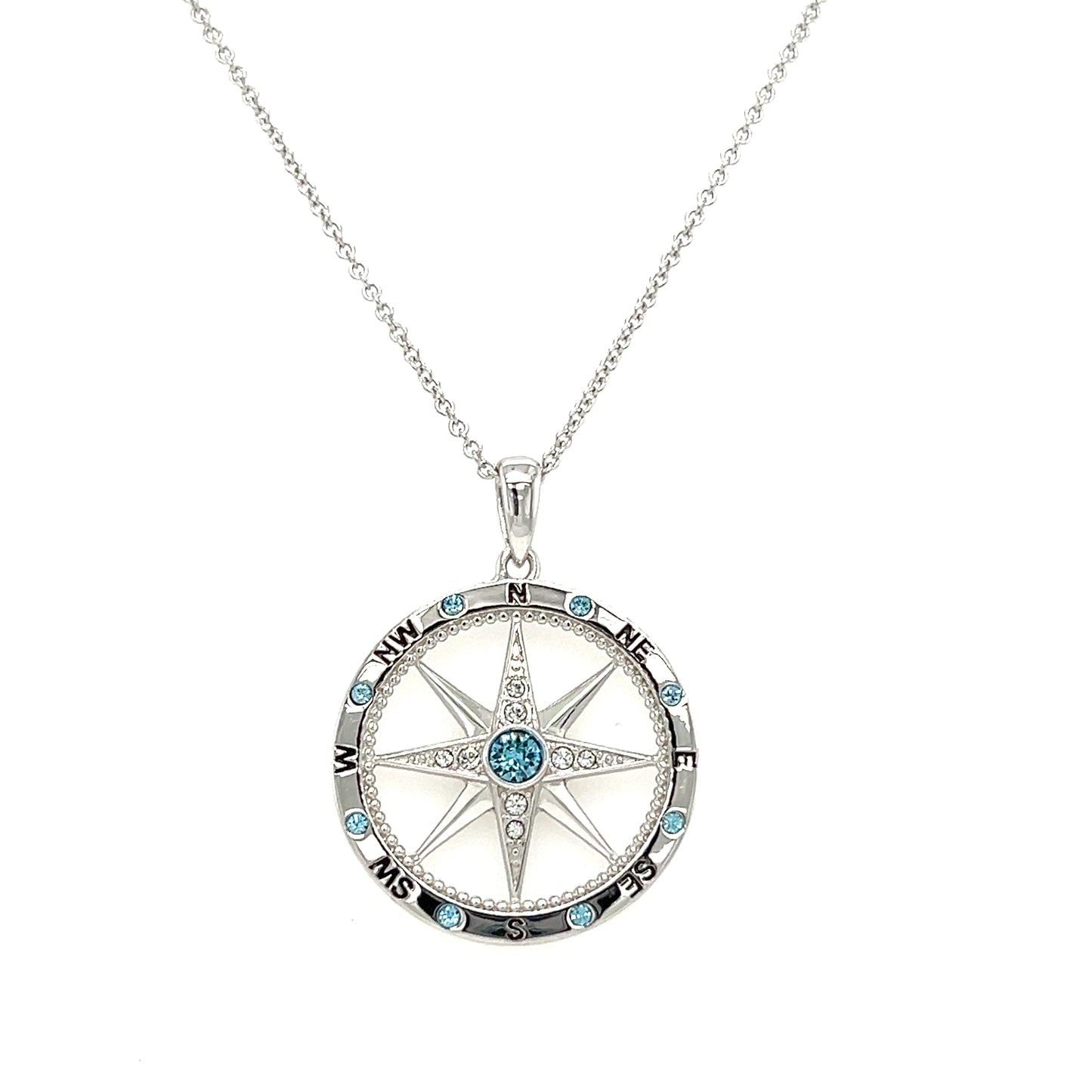 Milgrain Compass Necklace with Aquamarine and White Crystals in Sterling Silver Front View