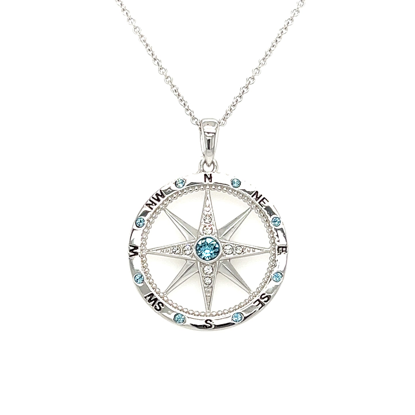 Milgrain Compass Necklace with Aquamarine and White Crystals in Sterling Silver Pendant Front View