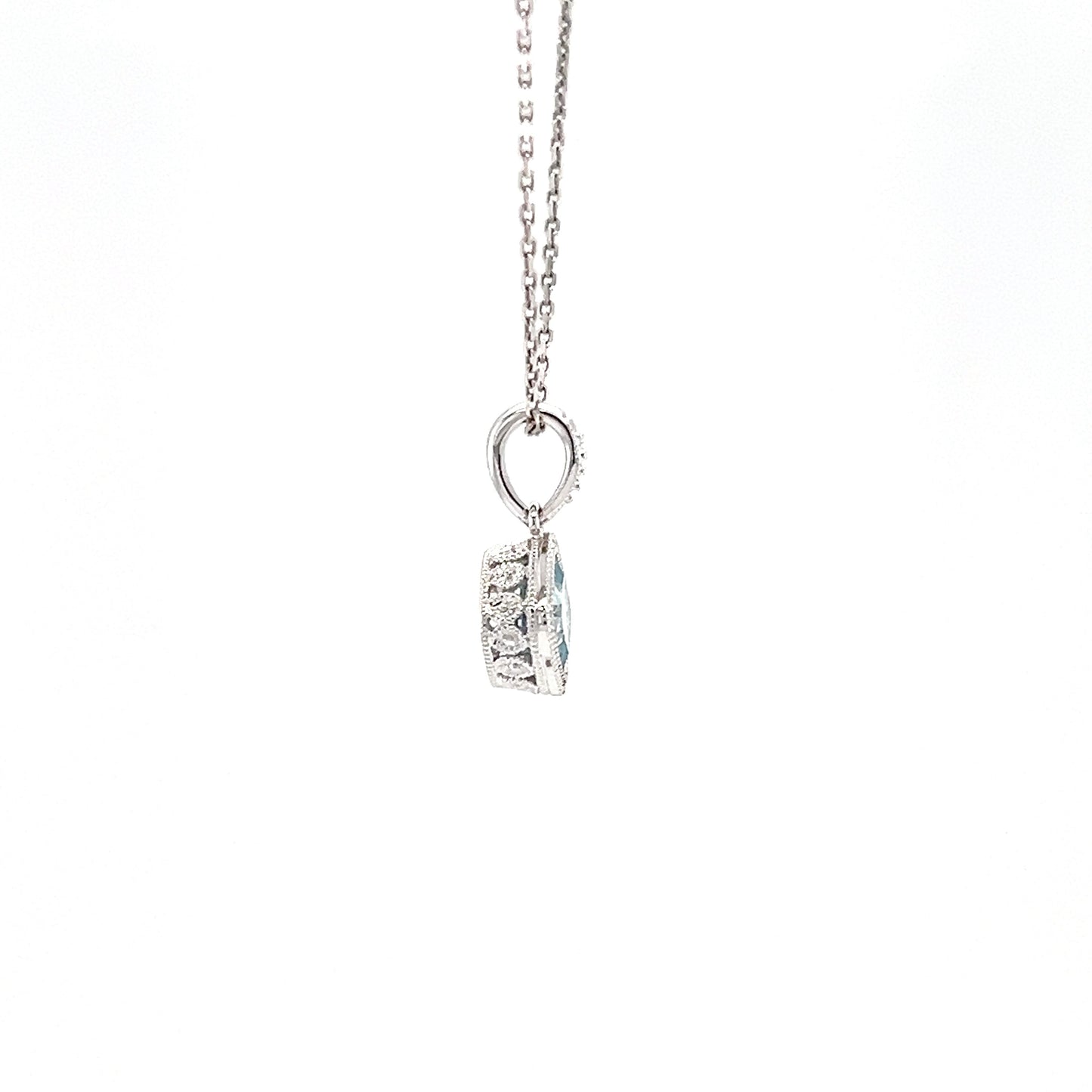 Cushion Aquamarine Pendant with Filigree and Milgrain Details in 14K White Gold Left Profile