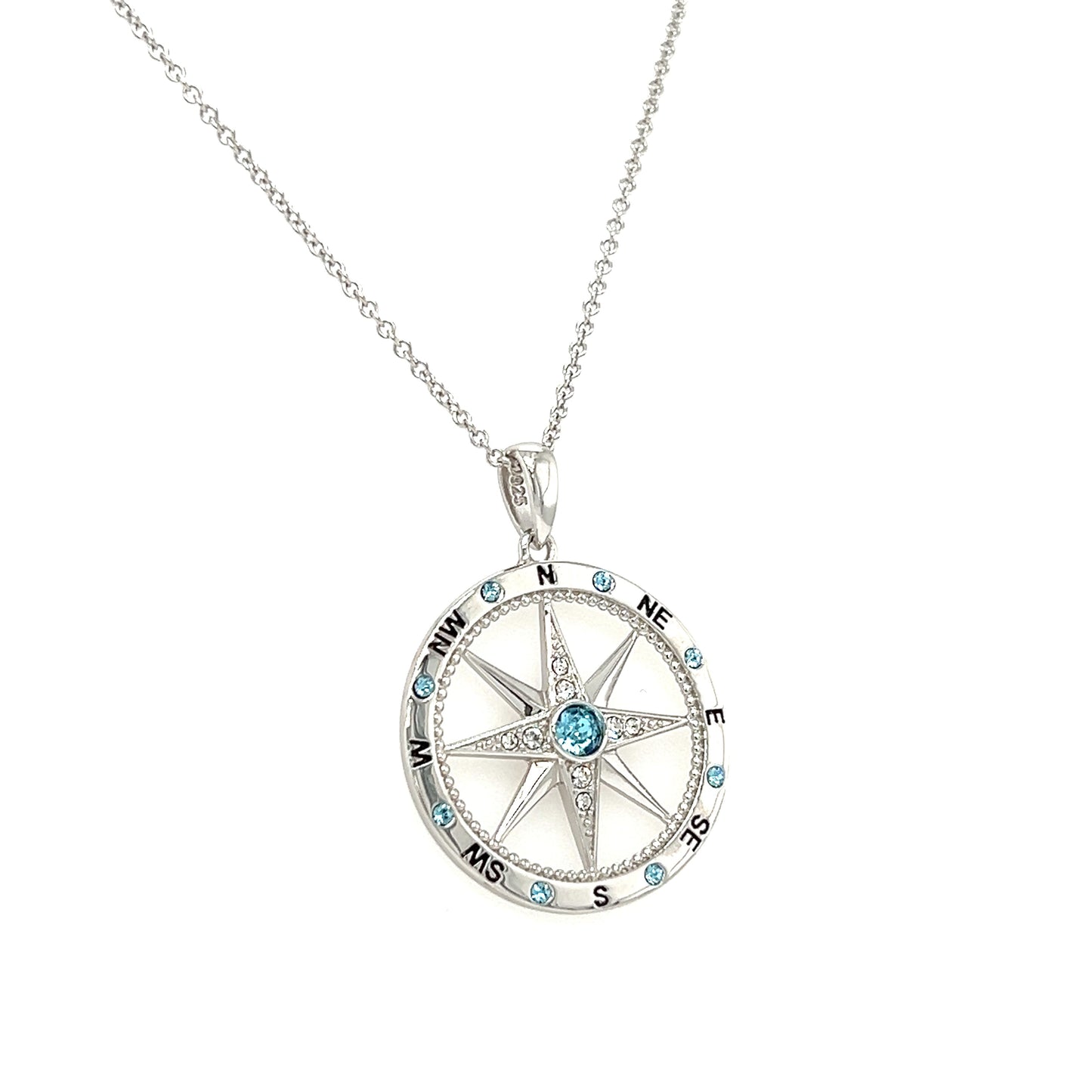 Milgrain Compass Necklace with Aquamarine and White Crystals in Sterling Silver Left Side View