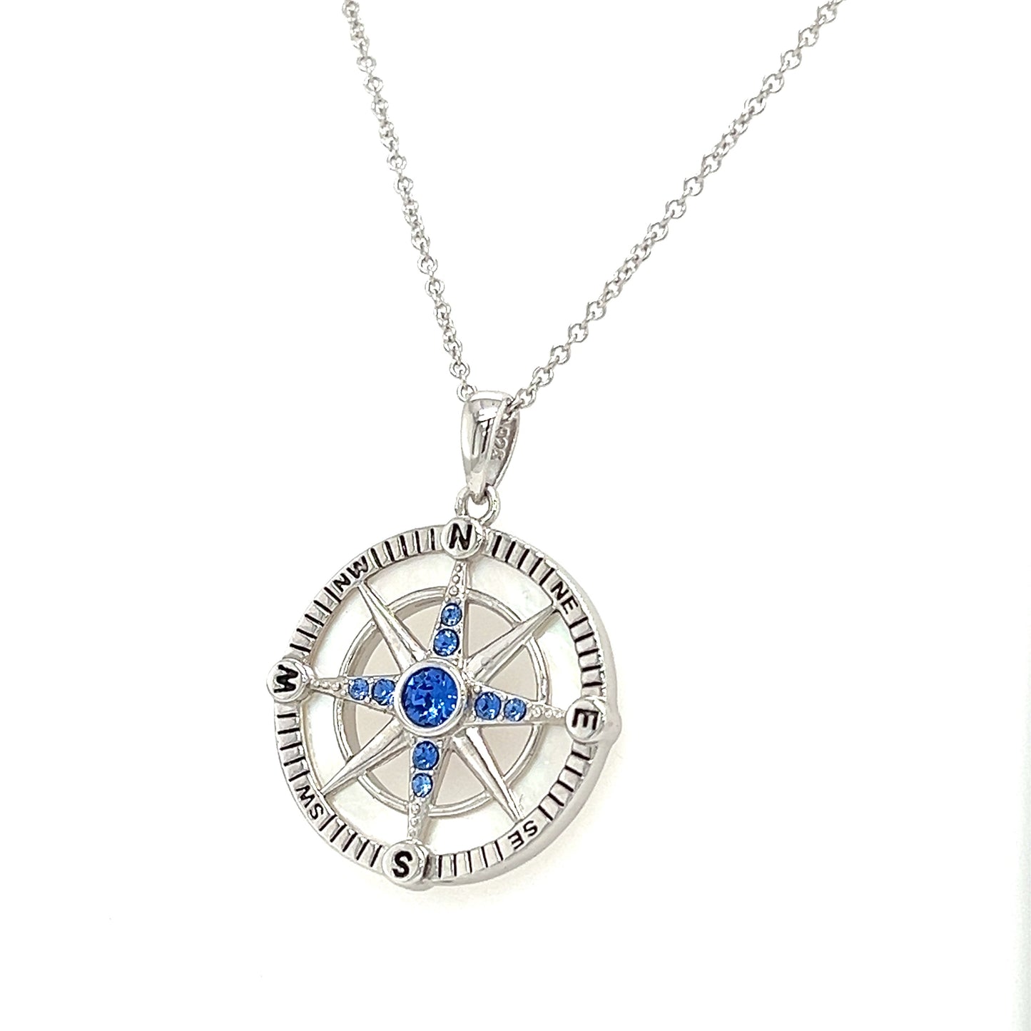 Compass Necklace with Mother of Pearl and Blue Crystals in Sterling Silver Right Side View